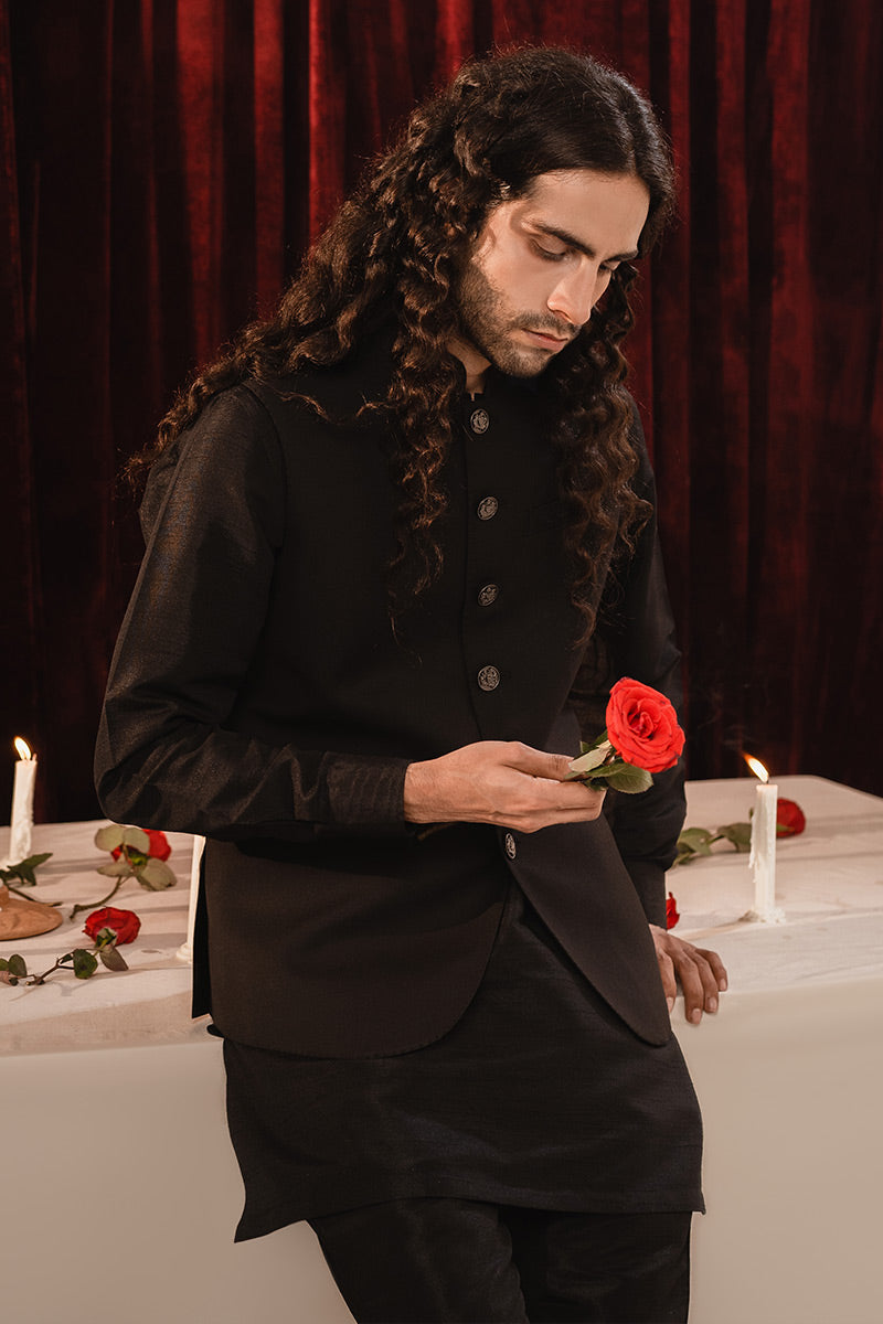Black Structured Suiting Waistcoat Kurta (3-Piece) - Image 2