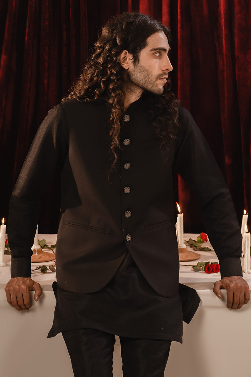 Black Structured Suiting Waistcoat Kurta (3-Piece) - Image 3
