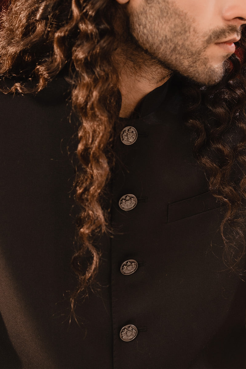 Black Structured Suiting Waistcoat Kurta (3-Piece) - Image 4