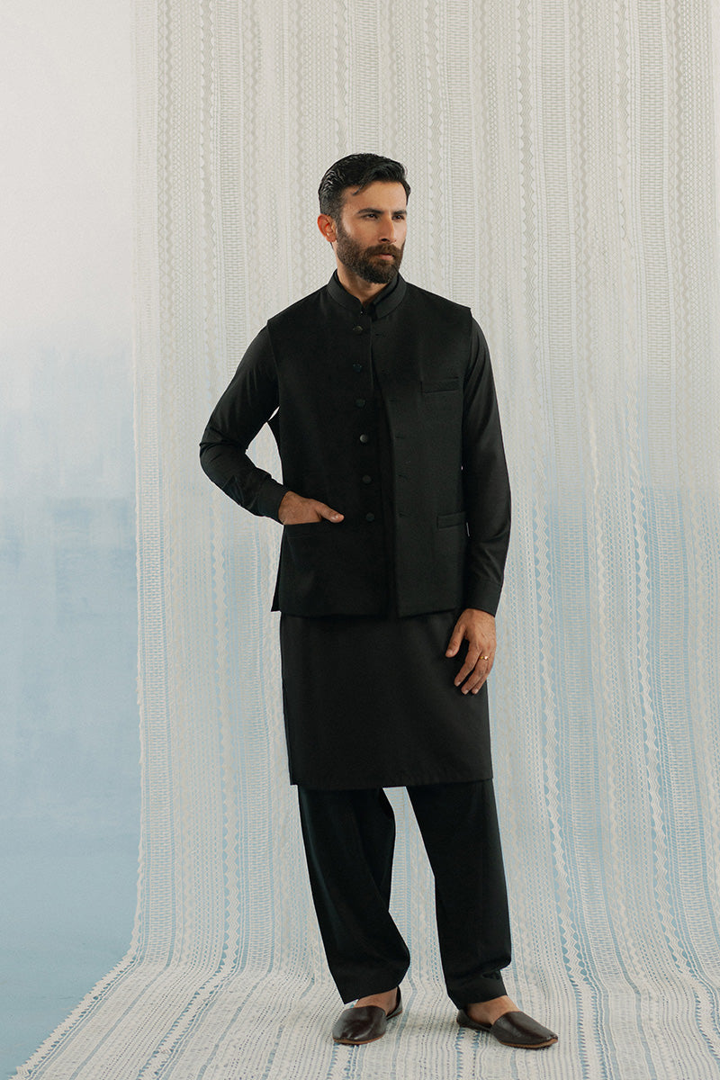 Black Suiting Waistcoat Kurta Set (3-Piece) - Image 1