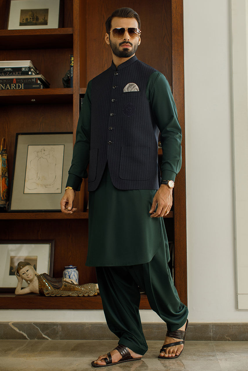 Greyish Black Pinstripe Embroidered Waistcoat Kurta (3-Piece) - Image 1