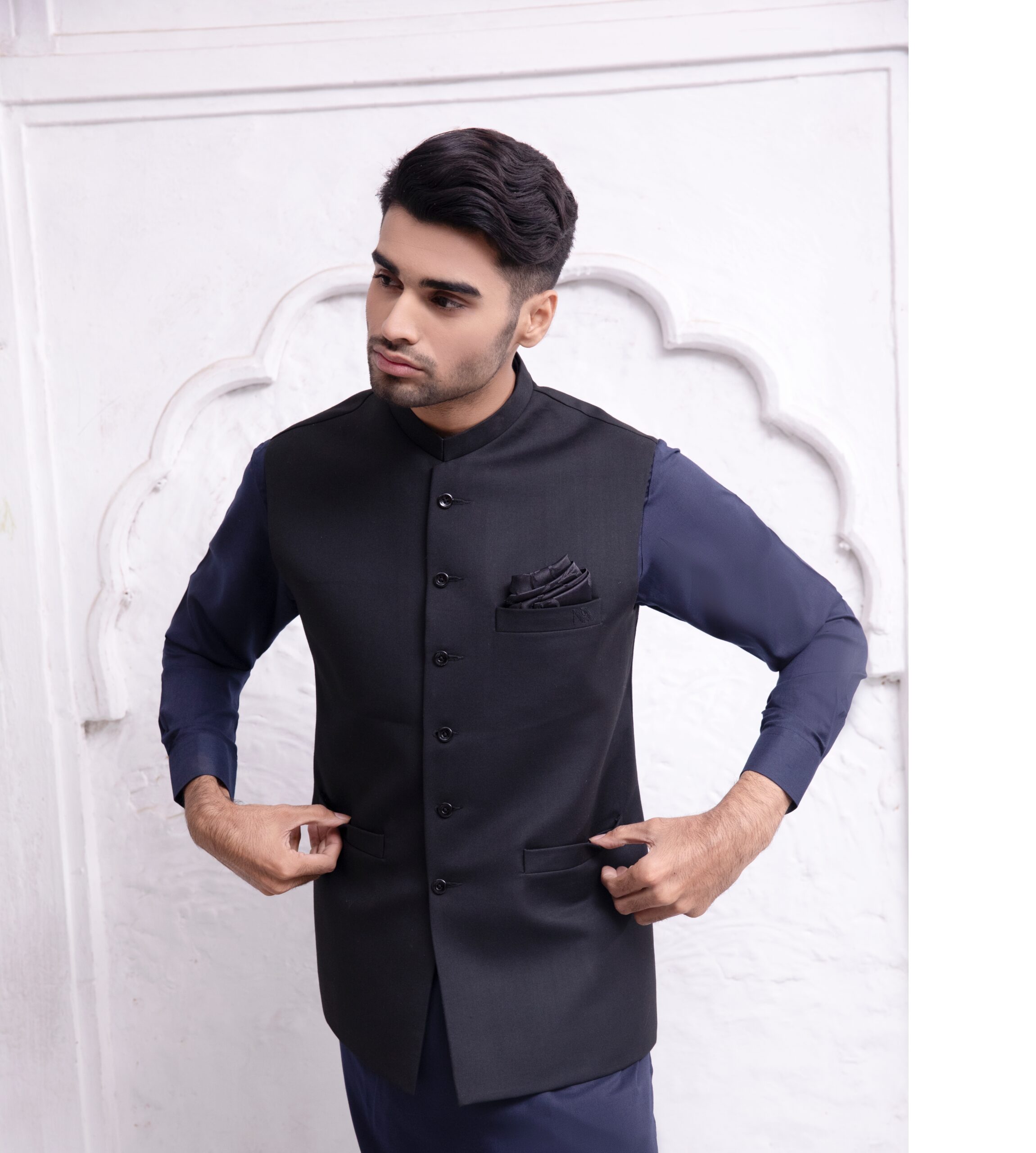 Black Plain Suiting Waistcoat Kurta Set (3-Piece) - Image 2