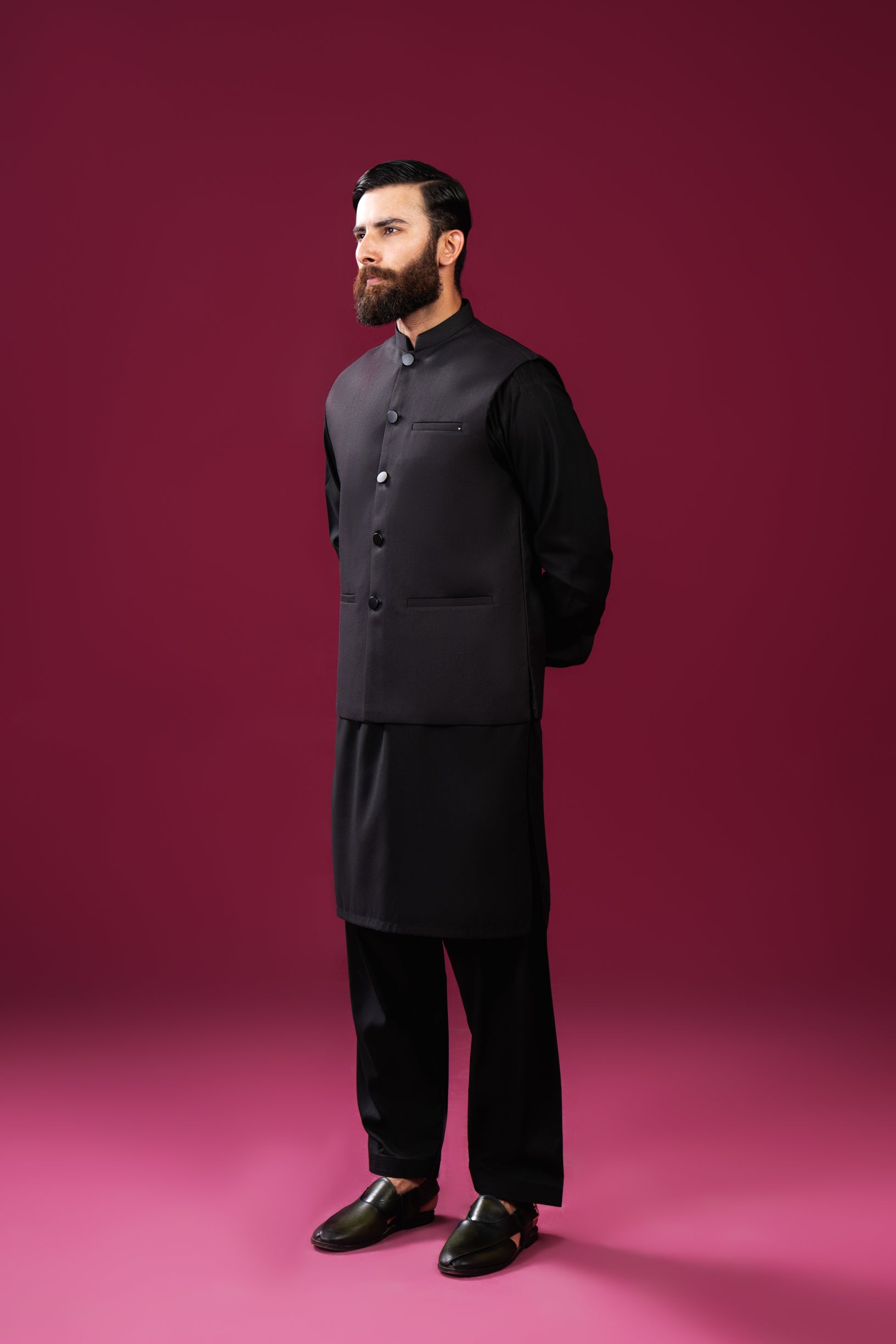 Black Blended Waistcoat Kurta 3-Piece - Image 1