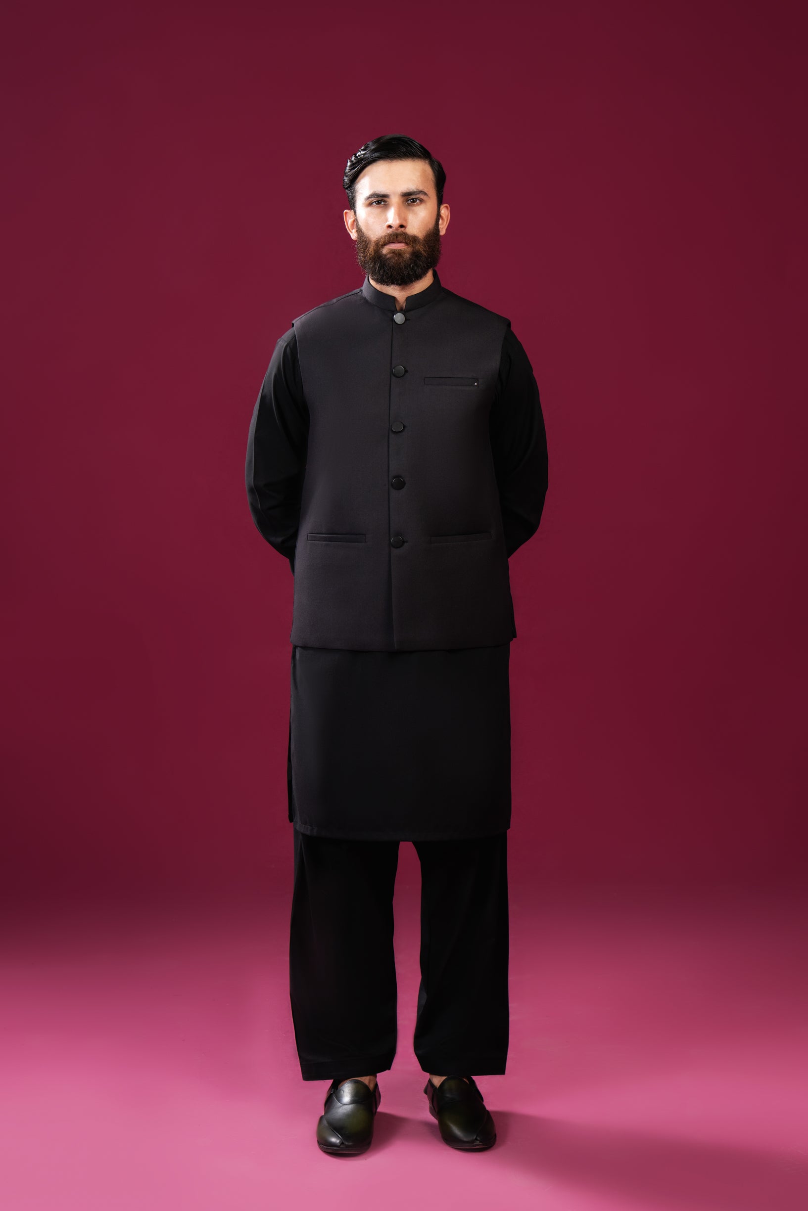 Black Blended Waistcoat Kurta 3-Piece - Image 3