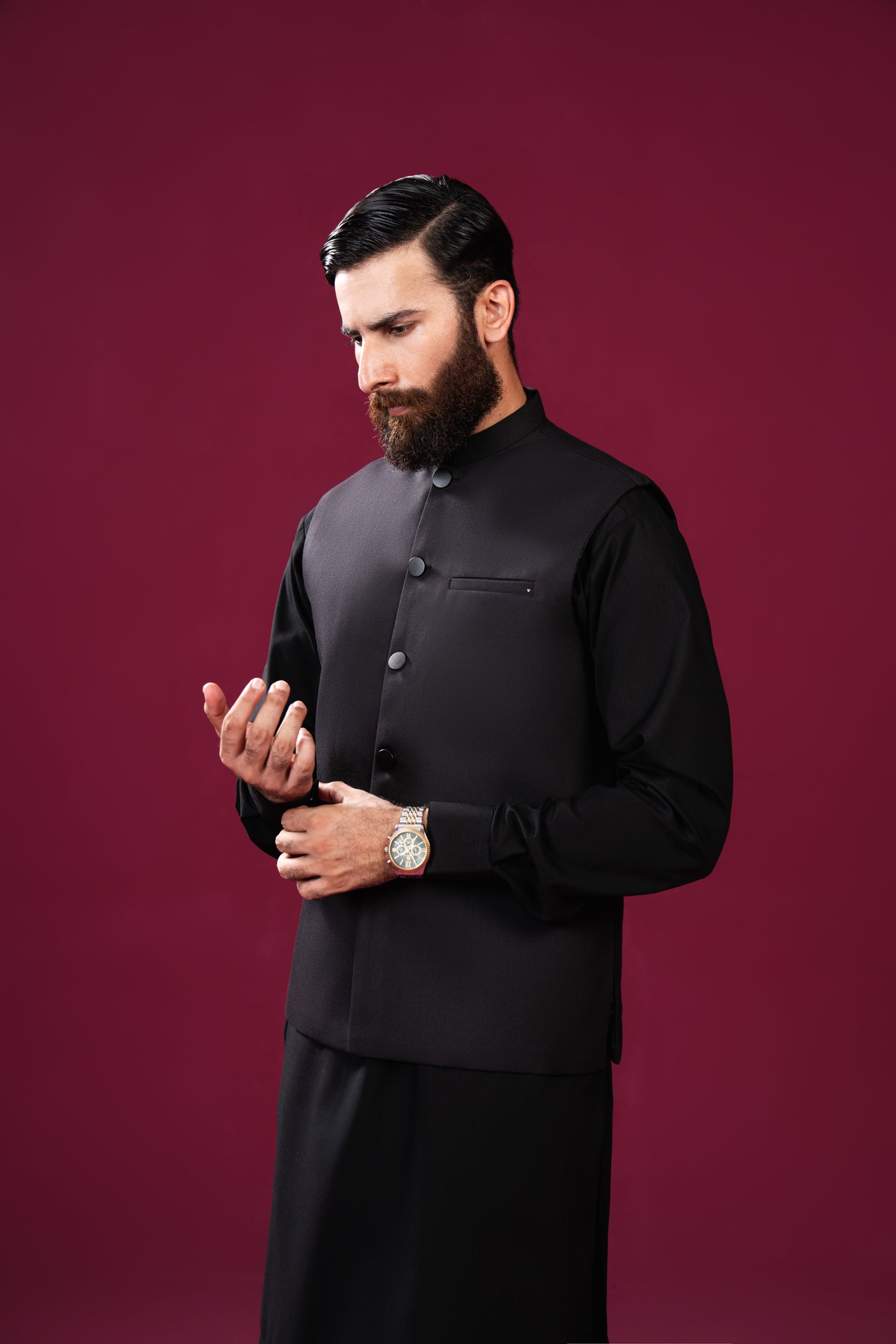Black Blended Waistcoat Kurta 3-Piece - Image 4