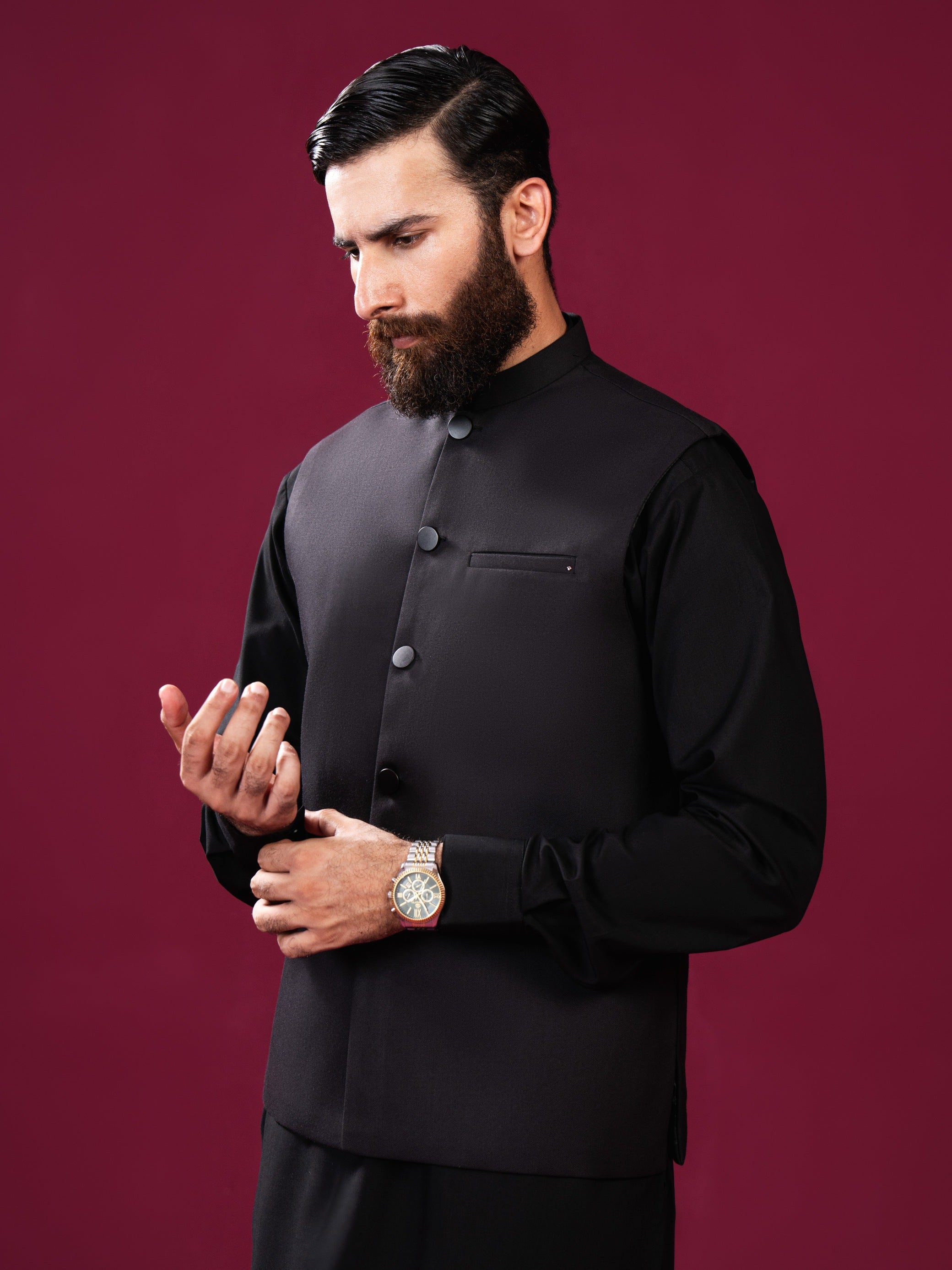 Black Suiting Straight-Cut Waistcoat Kurta (3-Piece) - Image 1