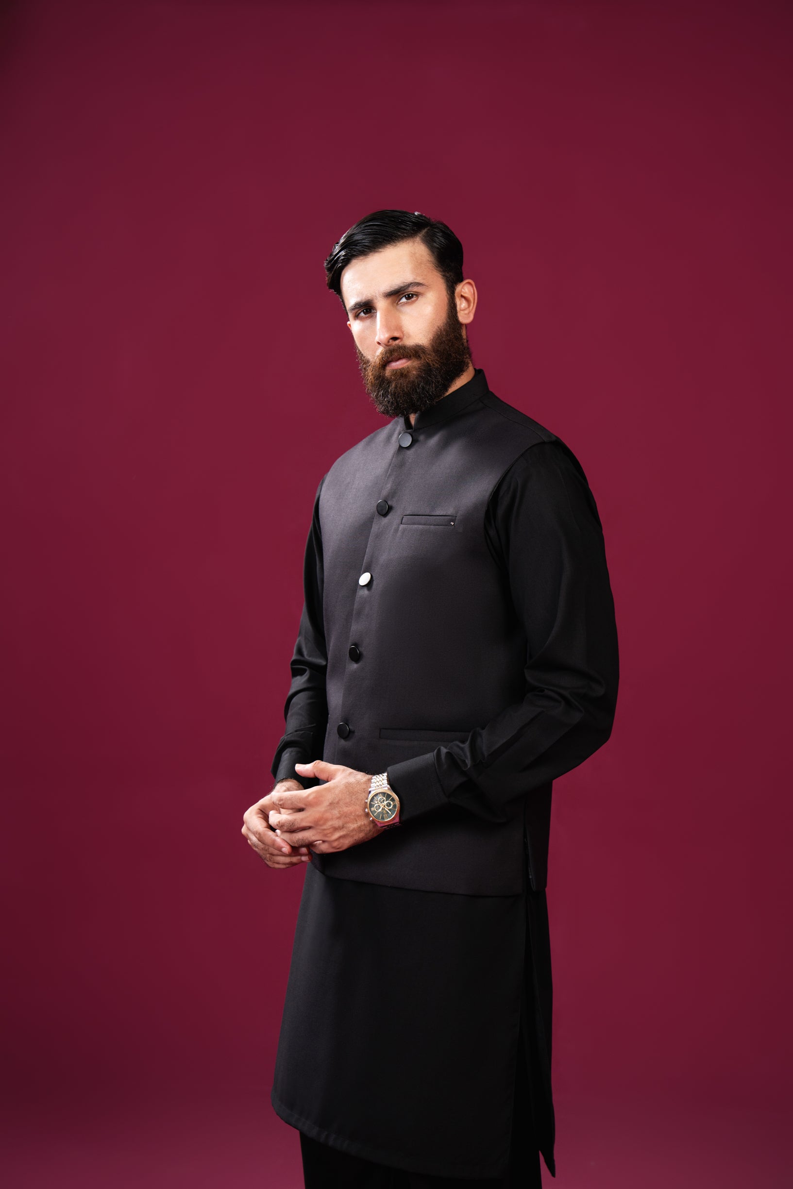 Black Suiting Straight-Cut Waistcoat Kurta (3-Piece) - Image 3
