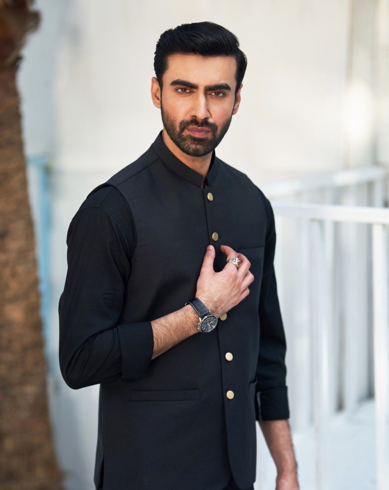 Black Blended Waistcoat Kurta 3-Piece - Image 2