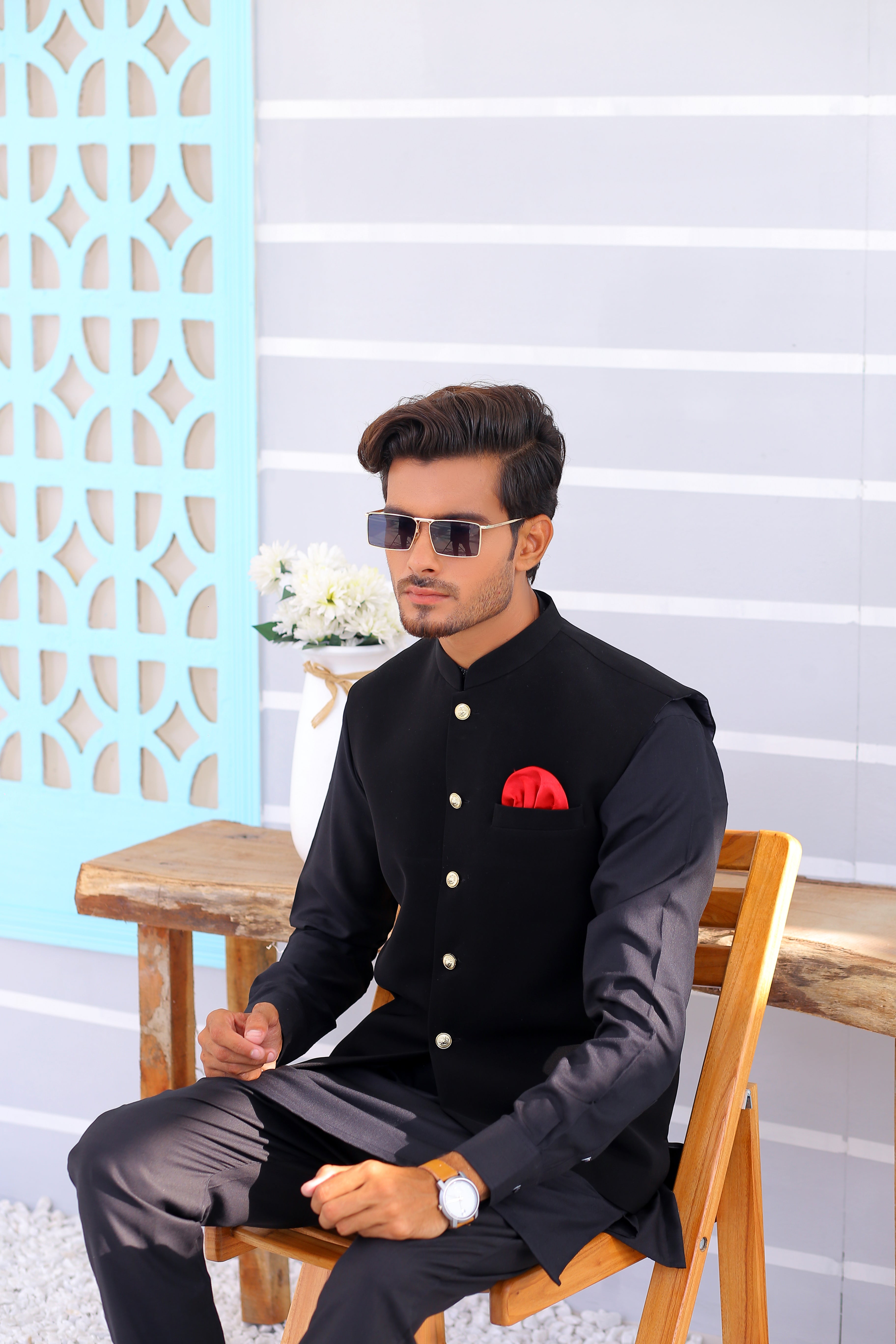 Black Suiting Waistcoat with Gold Buttons (3-Piece) - Image 1