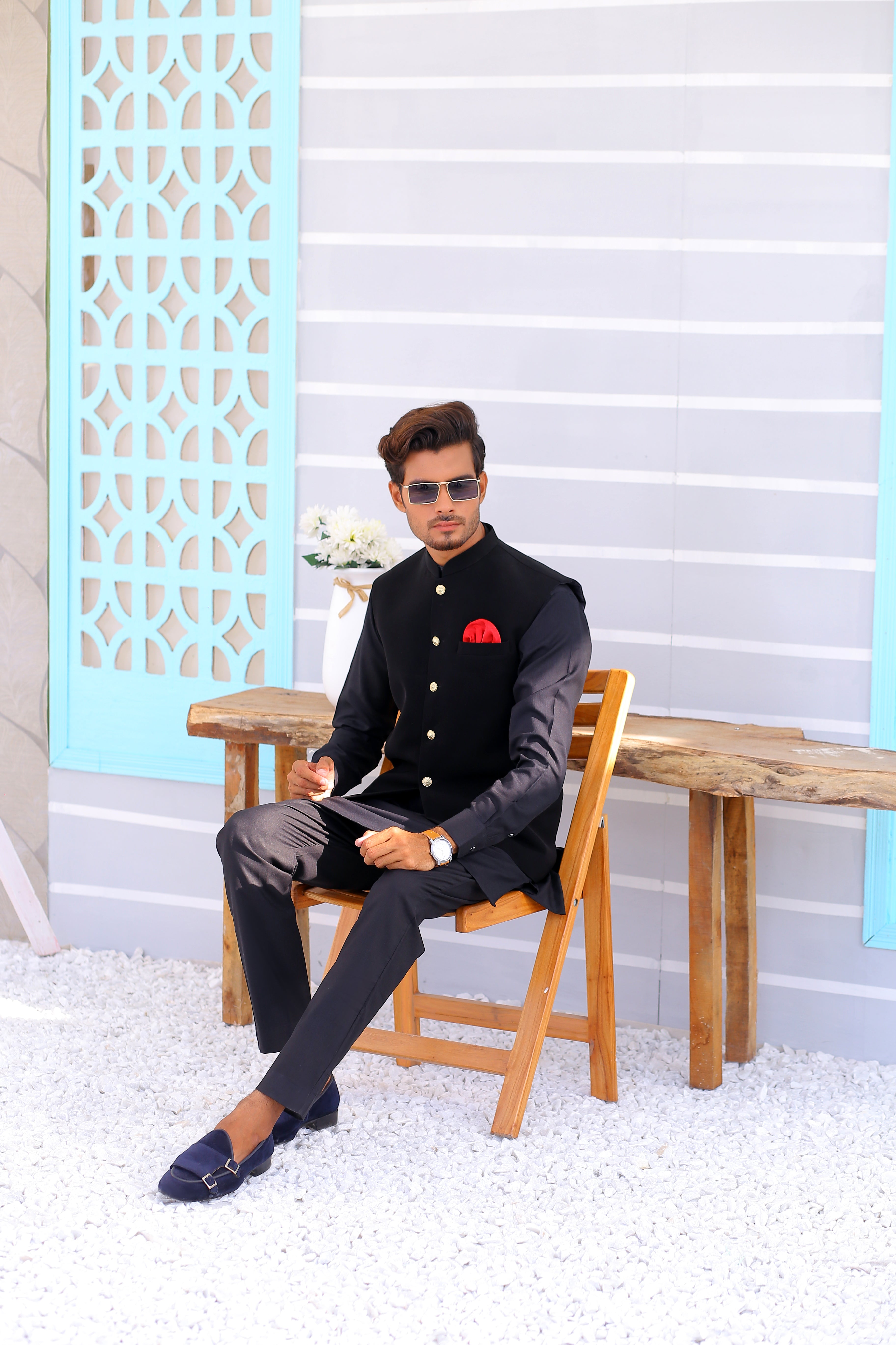 Black Suiting Waistcoat with Gold Buttons (3-Piece) - Image 2