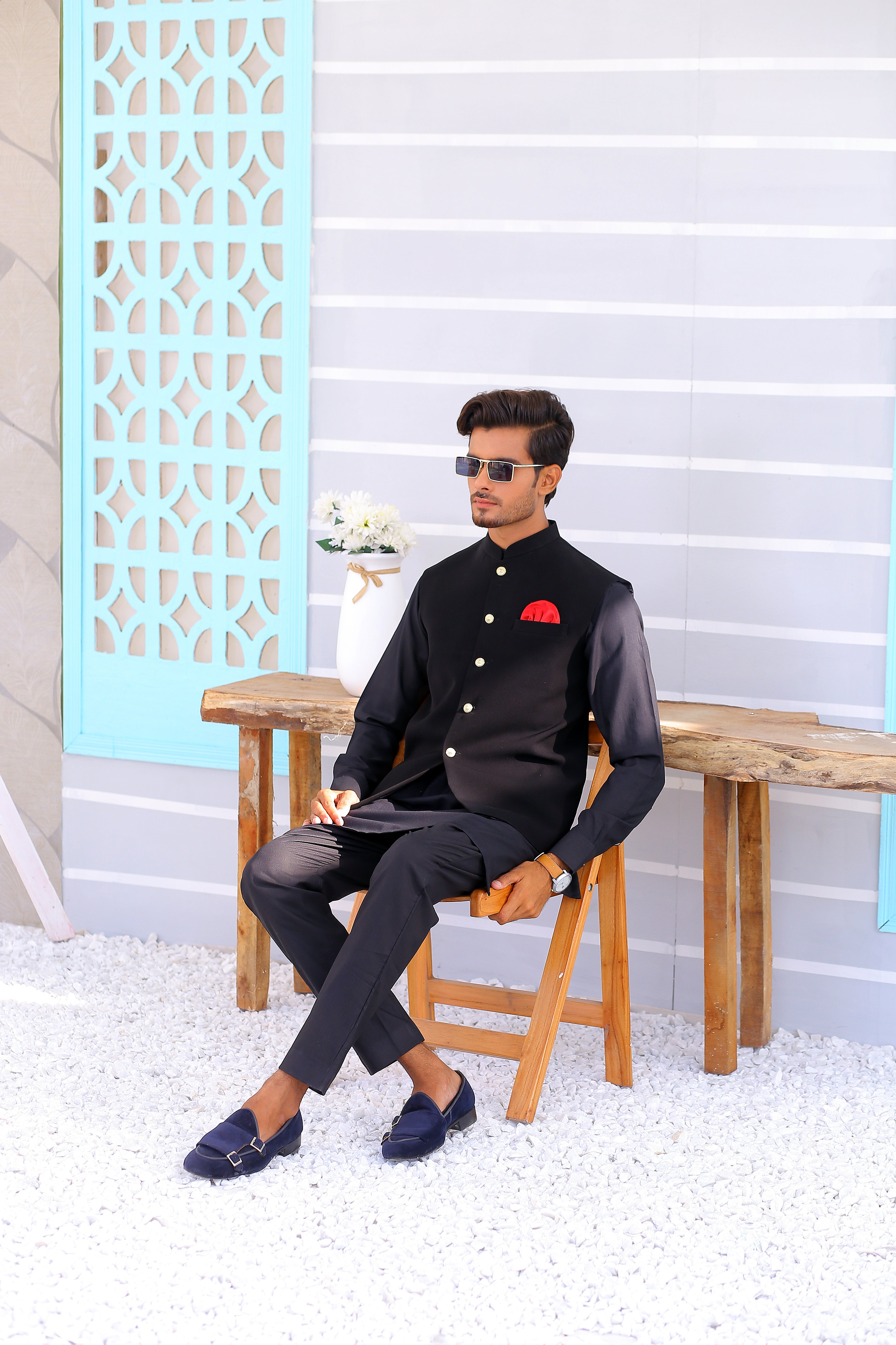 Black Suiting Waistcoat with Gold Buttons (3-Piece) - Image 3