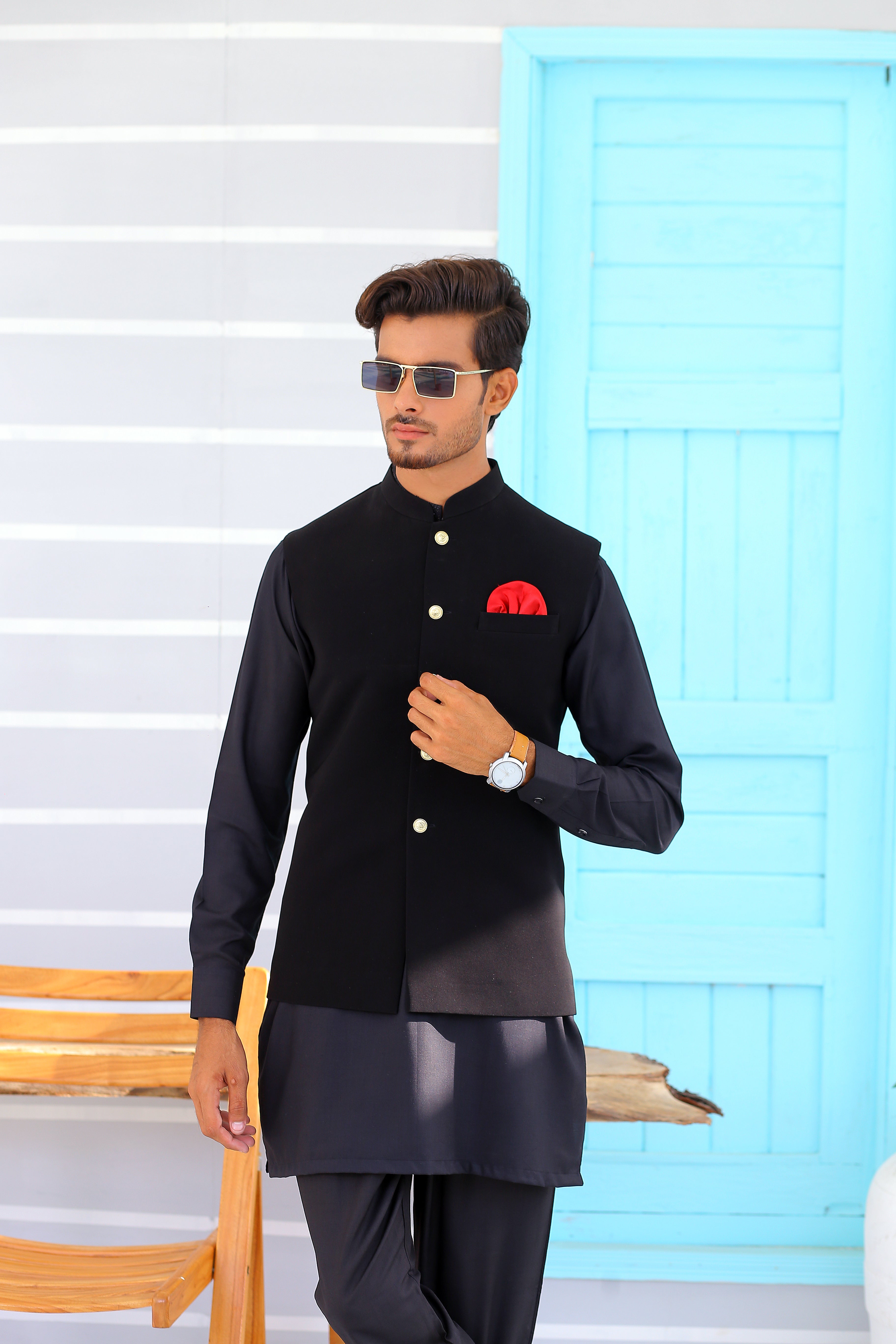 Black Suiting Waistcoat with Gold Buttons (3-Piece) - Image 4