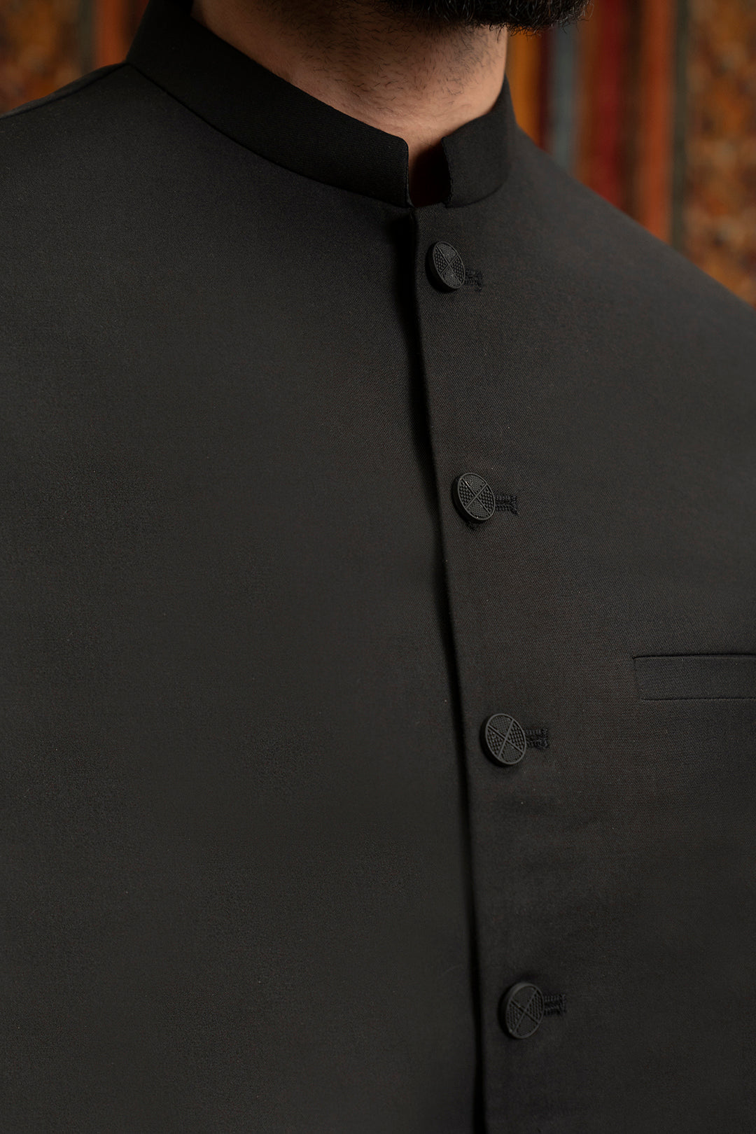 Black Textured Suiting Fabric Waistcoat Kurta (3-Piece) - Image 6