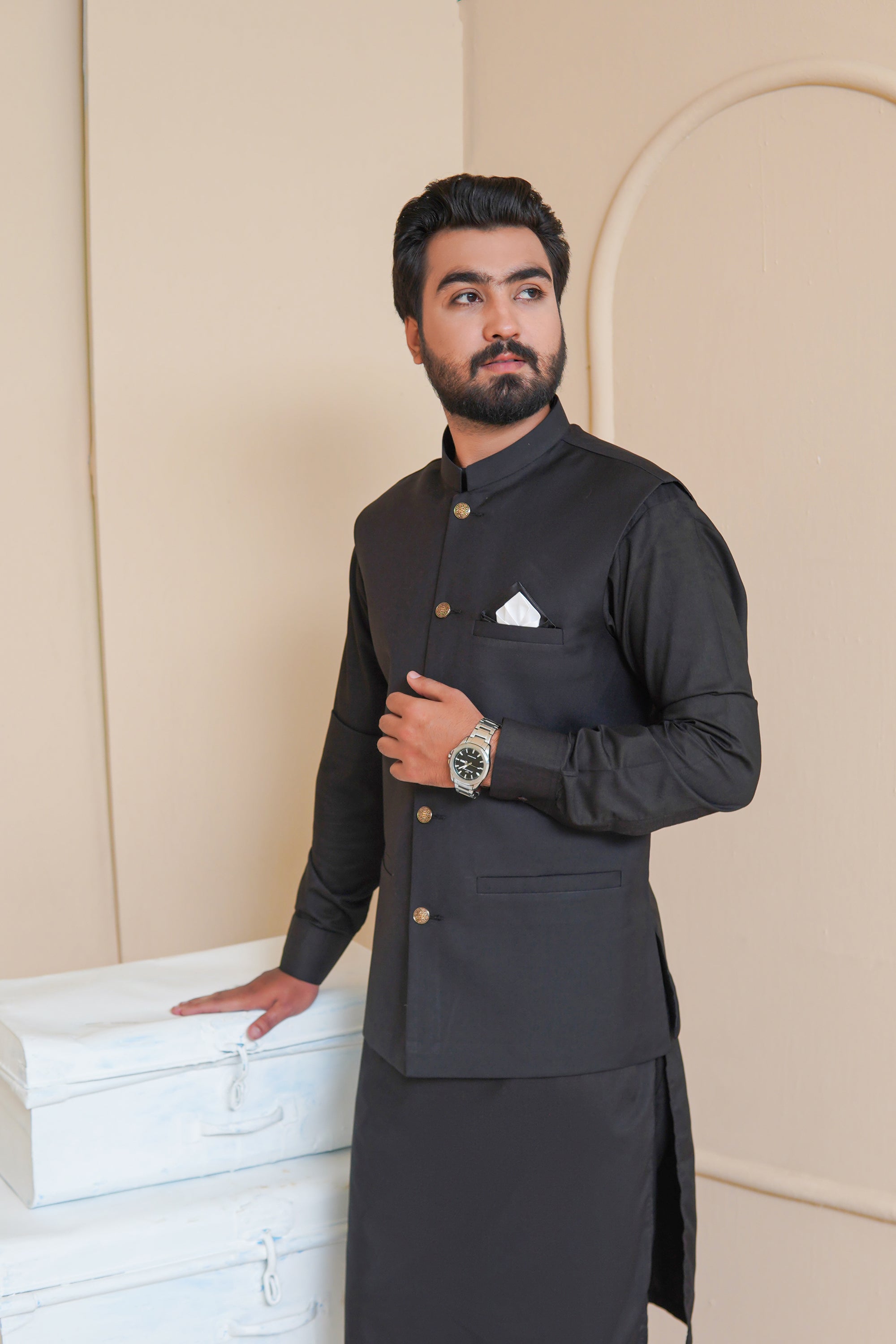 Jet Black Premium Fabric Waistcoat Kurta (3-Piece) - Image 1