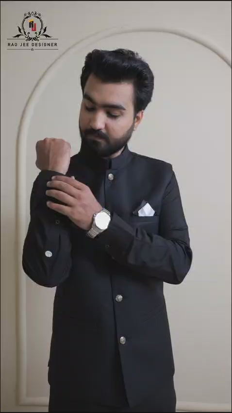 Jet Black Premium Fabric Waistcoat Kurta (3-Piece) - Image 2