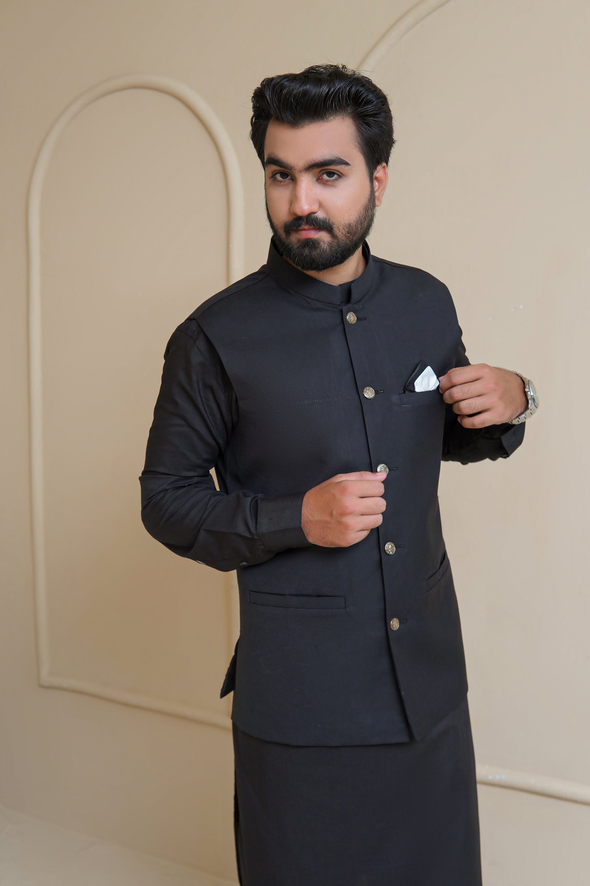 Jet Black Premium Fabric Waistcoat Kurta (3-Piece) - Image 3