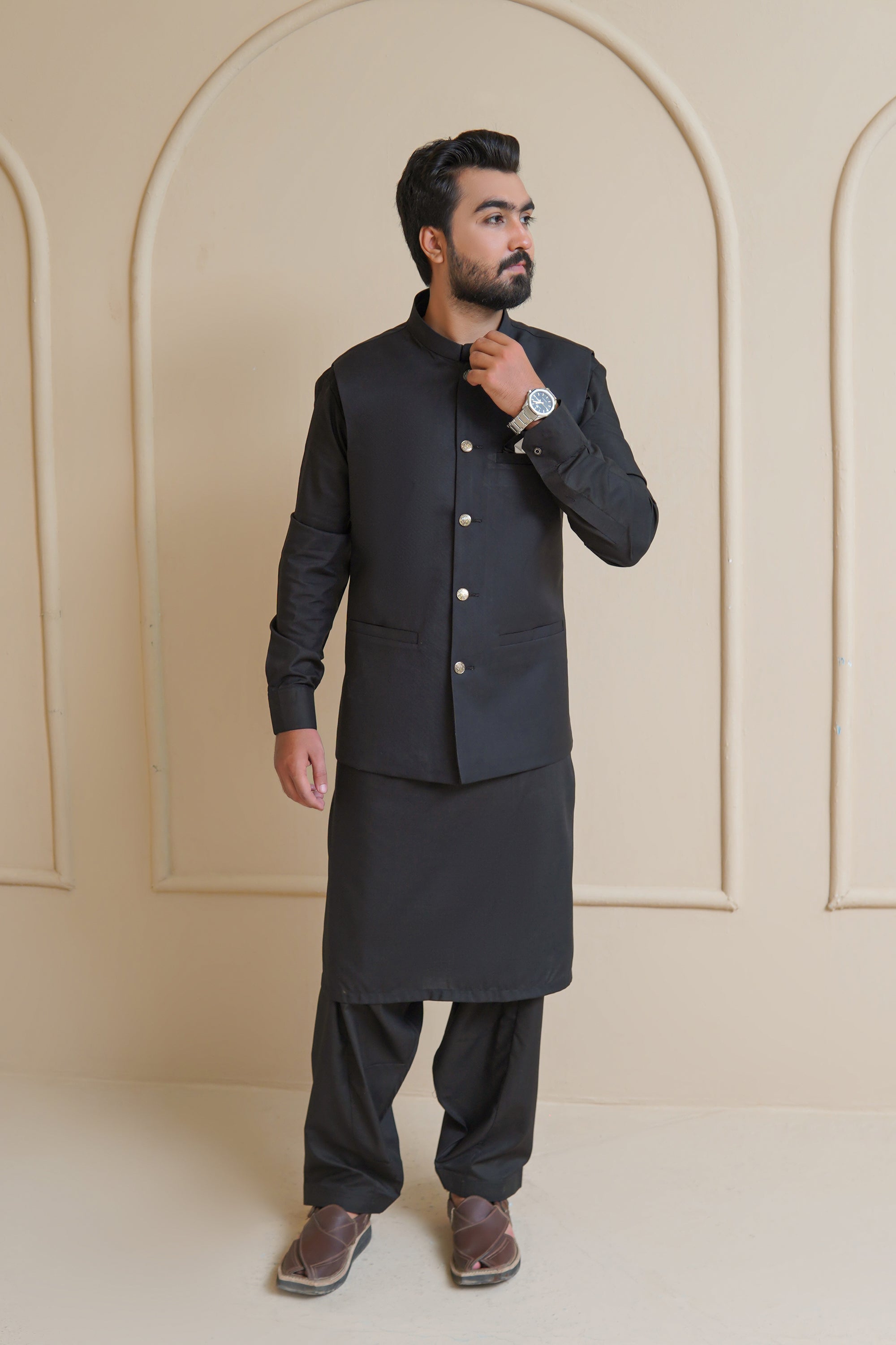 Jet Black Premium Fabric Waistcoat Kurta (3-Piece) - Image 4