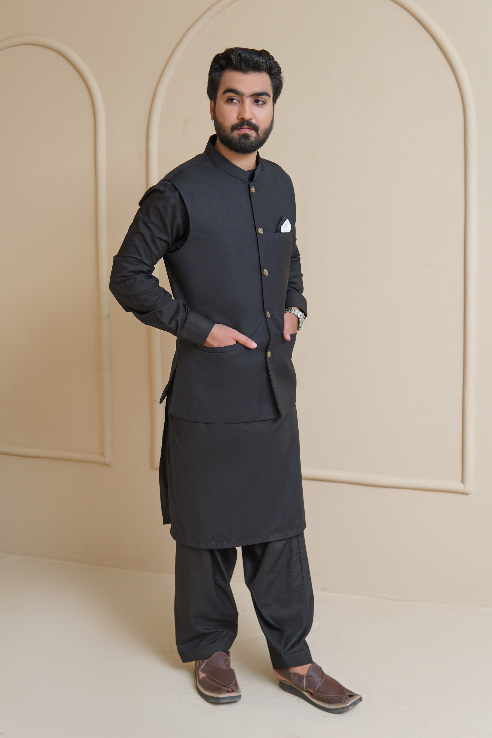 Jet Black Premium Fabric Waistcoat Kurta (3-Piece) - Image 5