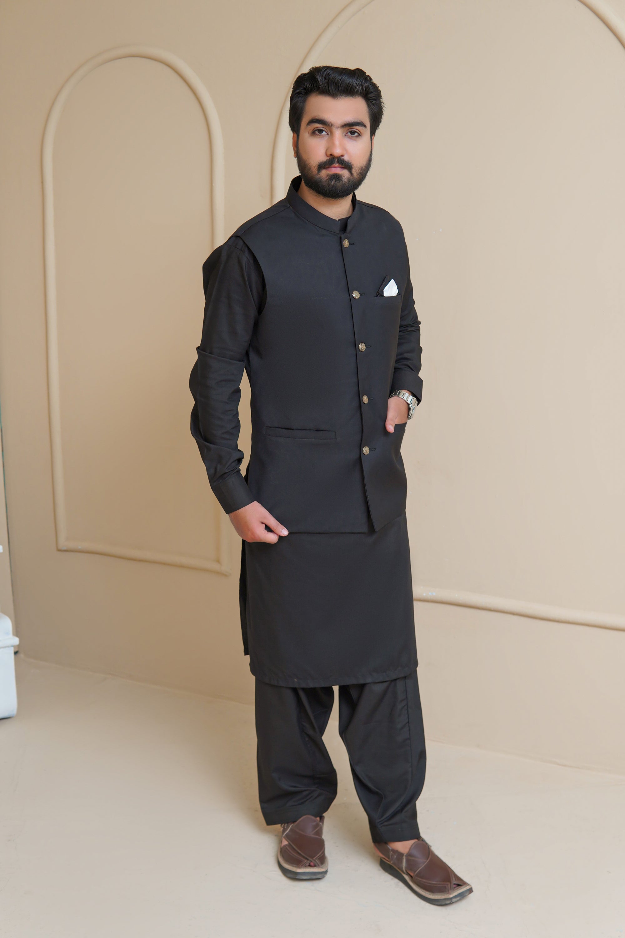 Jet Black Premium Fabric Waistcoat Kurta (3-Piece) - Image 6