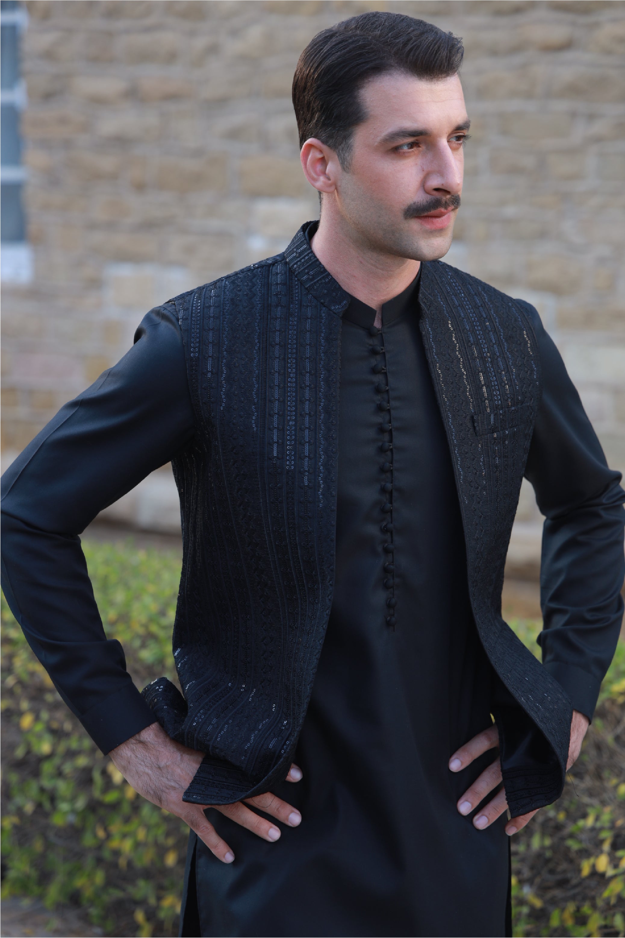 Black Sequin Embossed Synthetic Waistcoat Kurta (3-Piece) - Image 2