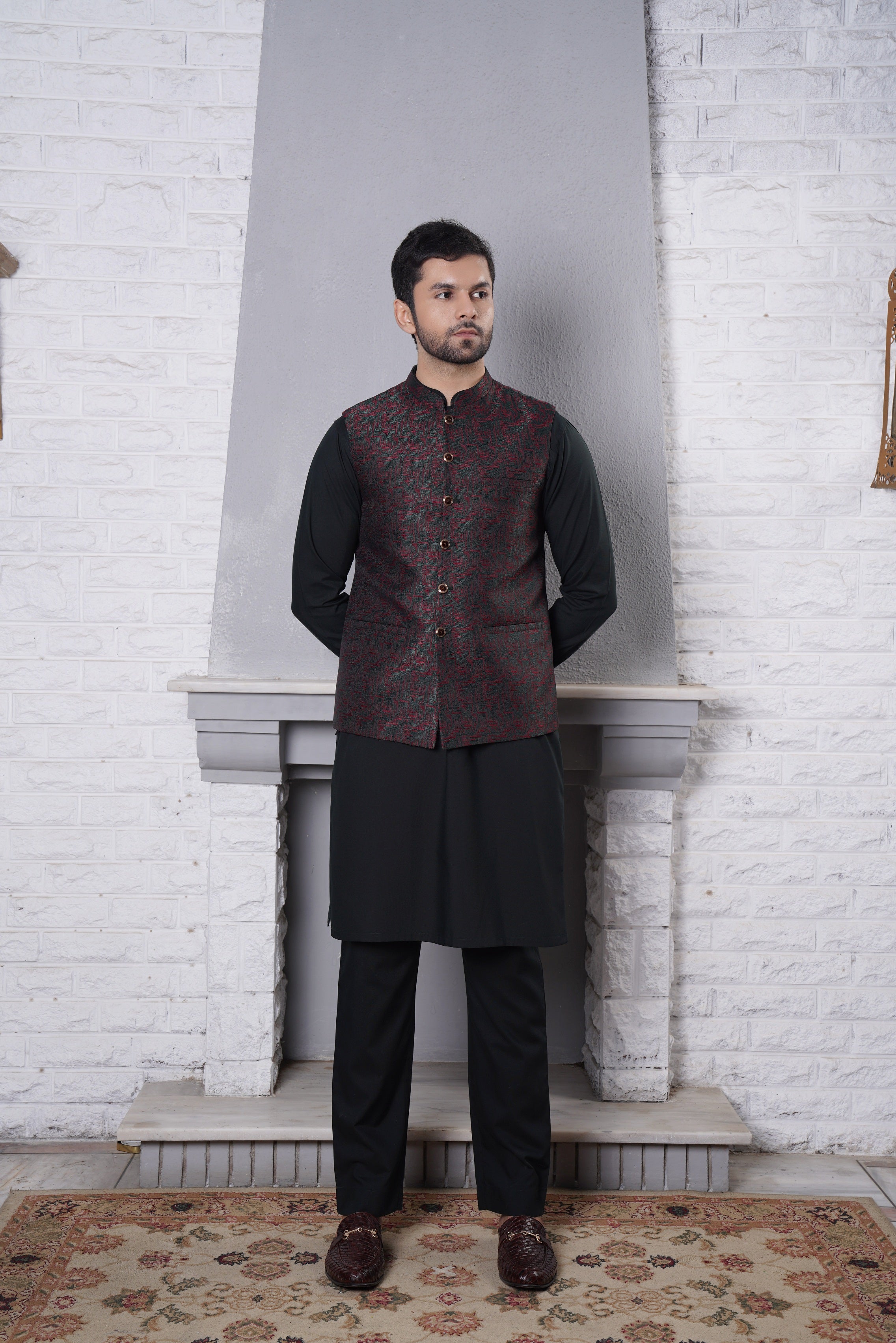 Black Woven Waistcoat Kurta Set (3-Piece) - Image 1