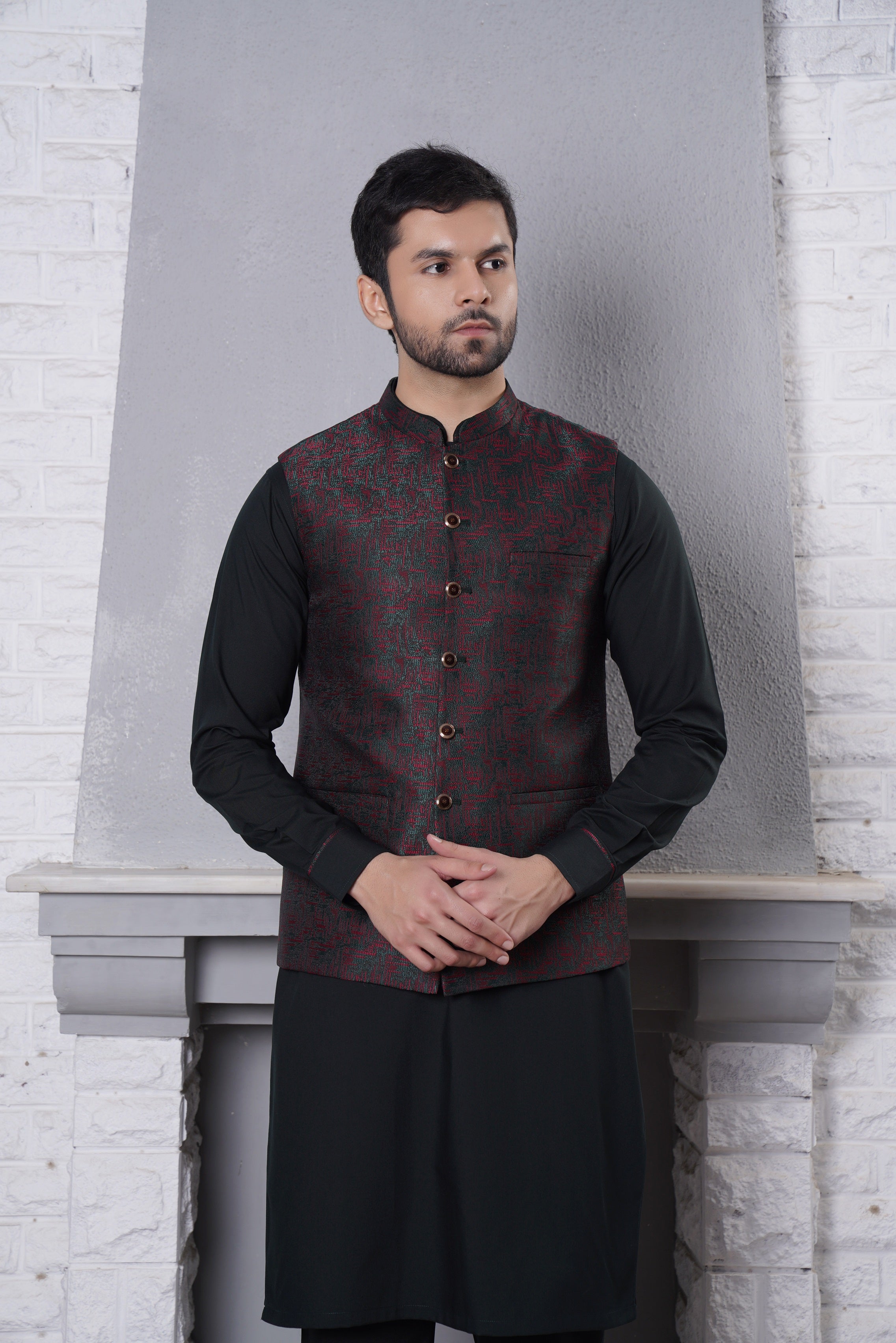 Black Woven Waistcoat Kurta Set (3-Piece) - Image 2
