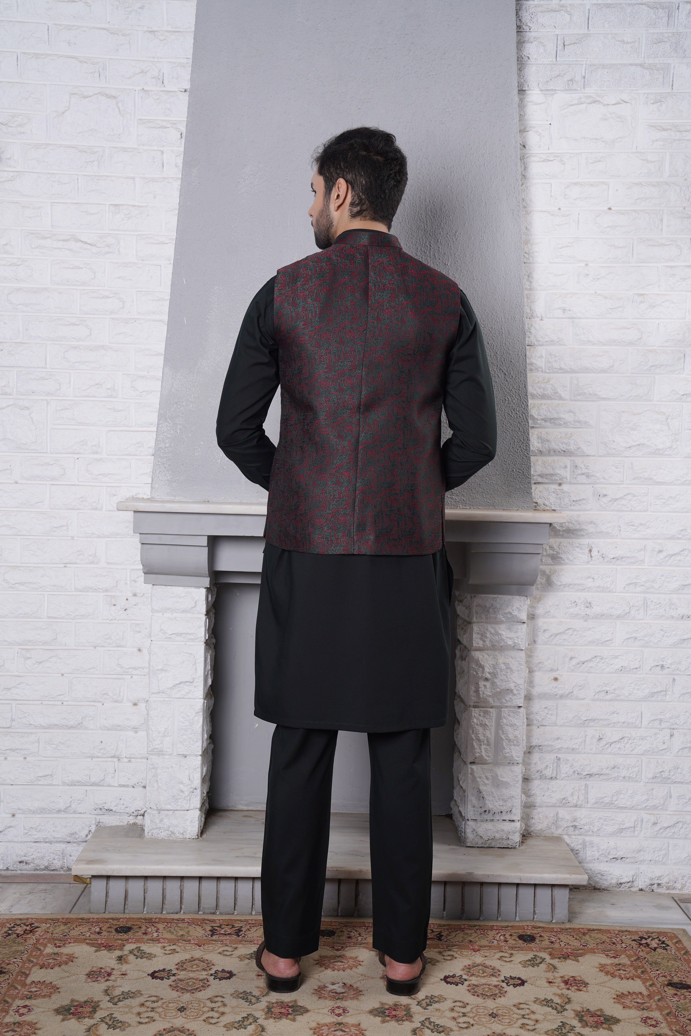 Black Woven Waistcoat Kurta Set (3-Piece) - Image 3
