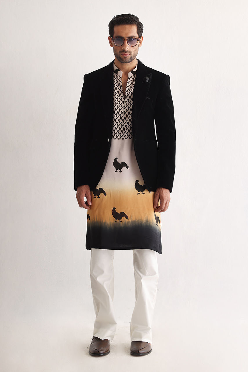 Black Hand Screen Printed Silk Kurta with Velvet Jacket (3-Piece) - Image 1
