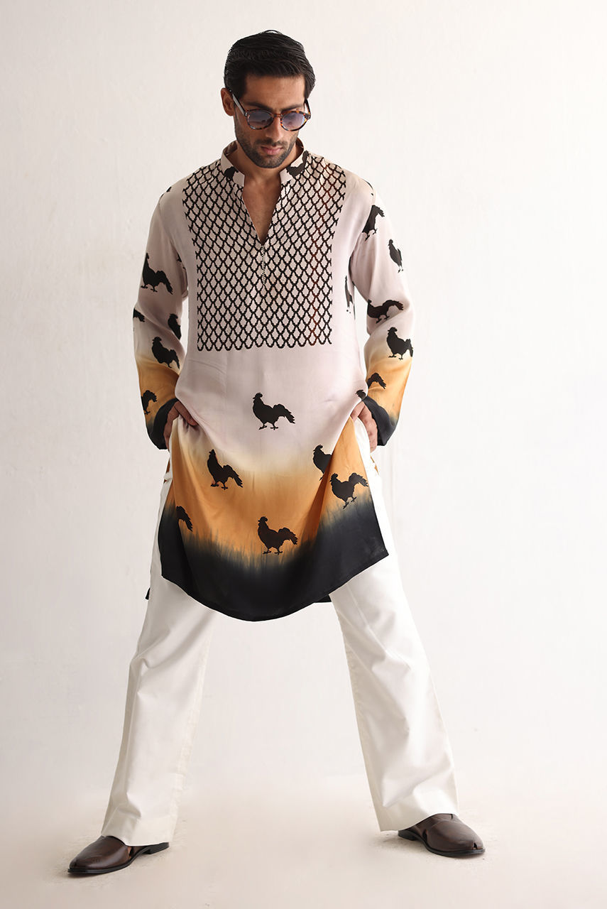 Black Hand Screen Printed Silk Kurta with Velvet Jacket (3-Piece) - Image 2