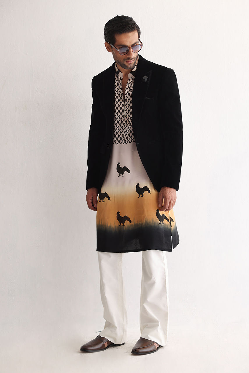 Black Hand Screen Printed Silk Kurta with Velvet Jacket (3-Piece) - Image 4
