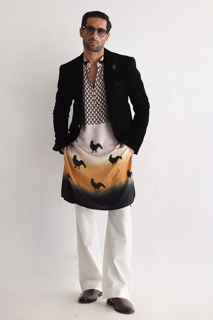 Black Hand Screen Printed Silk Kurta with Velvet Jacket (3-Piece) - Image 5