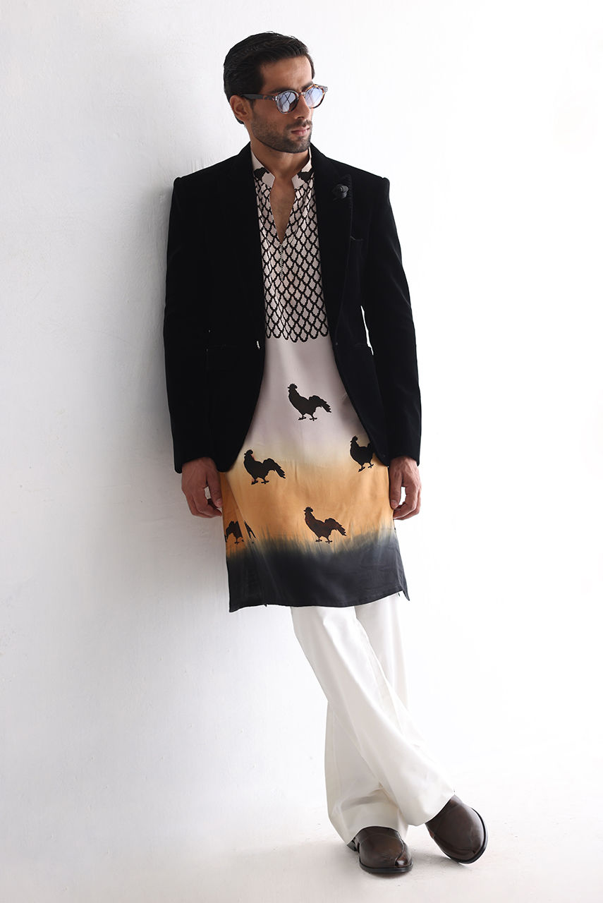 Black Hand Screen Printed Silk Kurta with Velvet Jacket (3-Piece) - Image 6