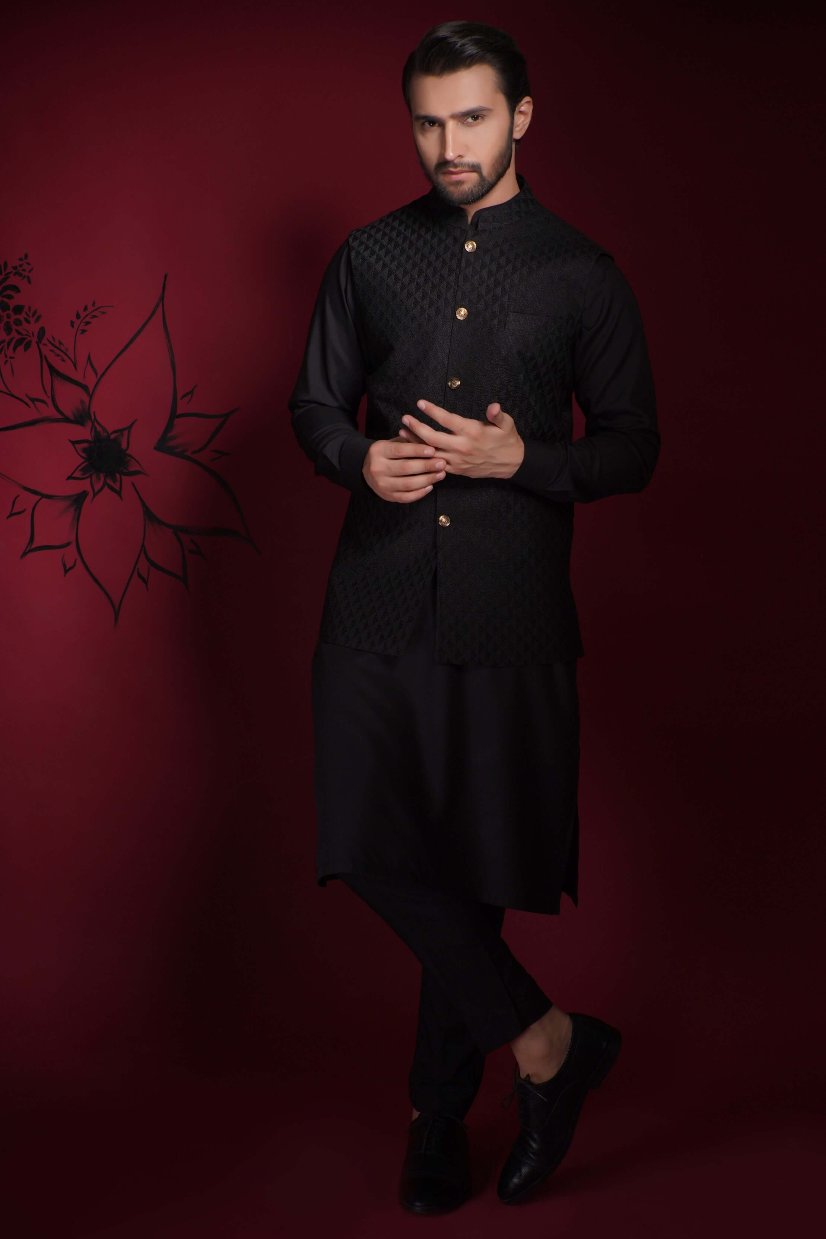 Jet Black Diamond Textured Waistcoat Kurta (3-Piece) - Image 1