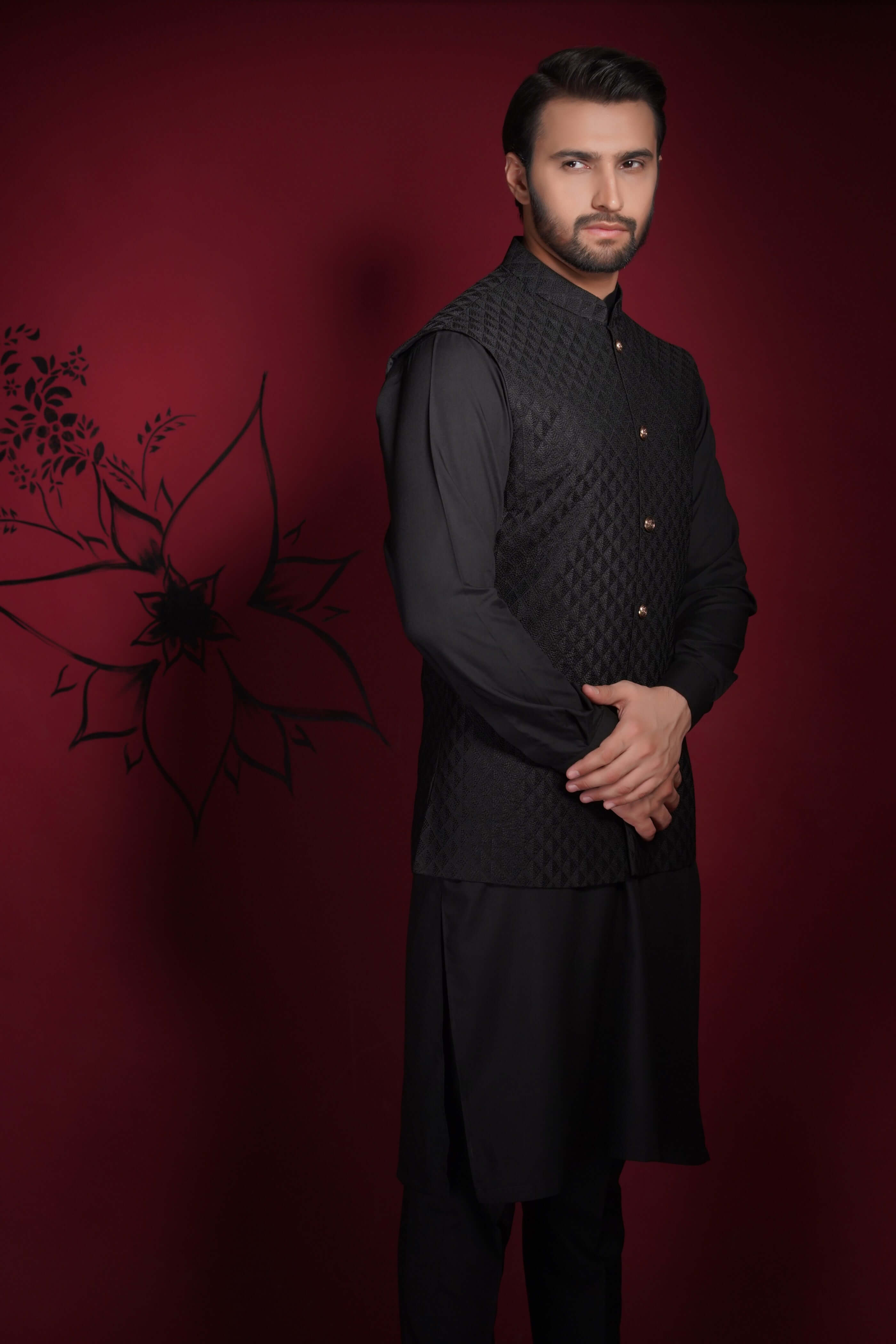 Jet Black Diamond Textured Waistcoat Kurta (3-Piece) - Image 2