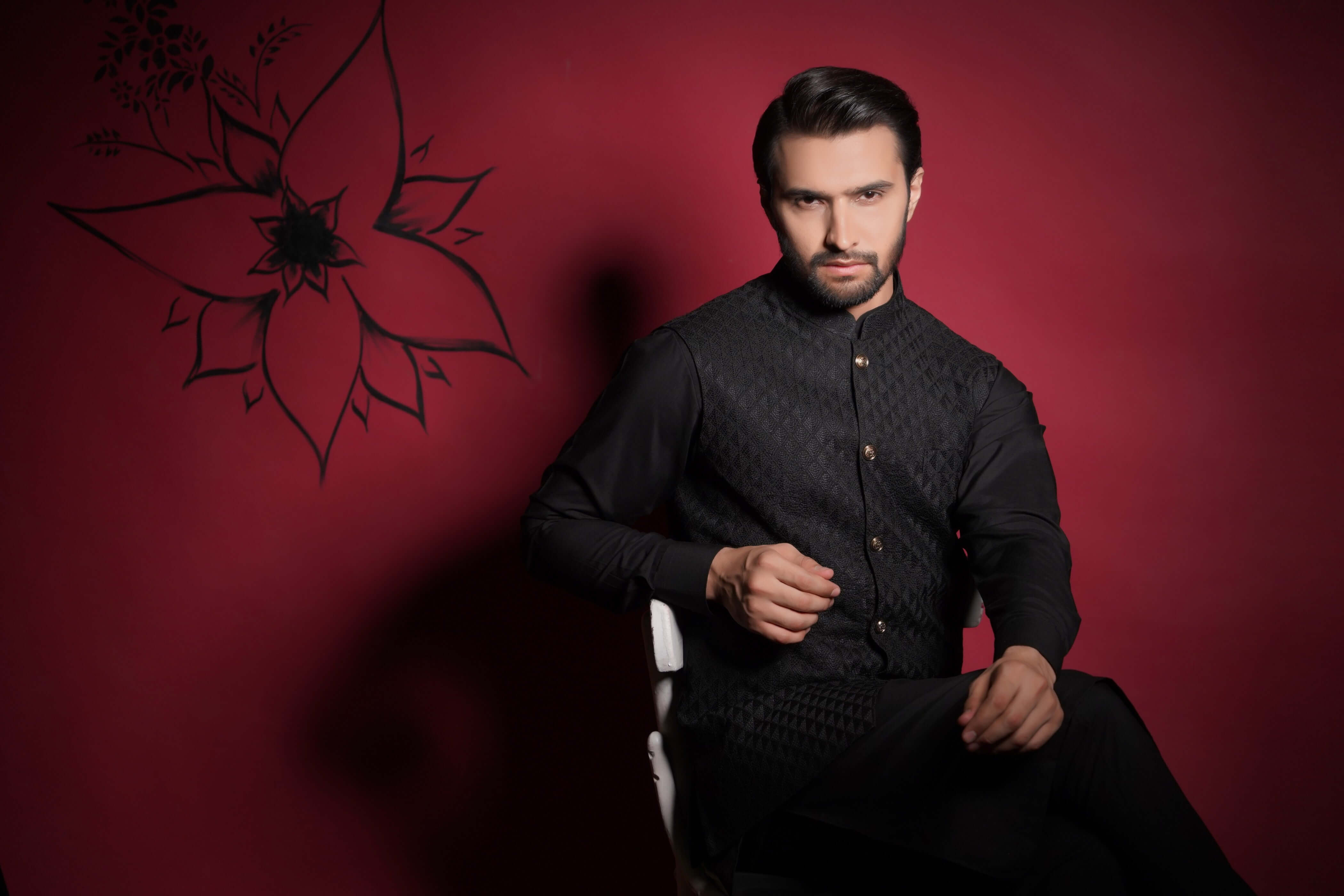 Jet Black Diamond Textured Waistcoat Kurta (3-Piece) - Image 3