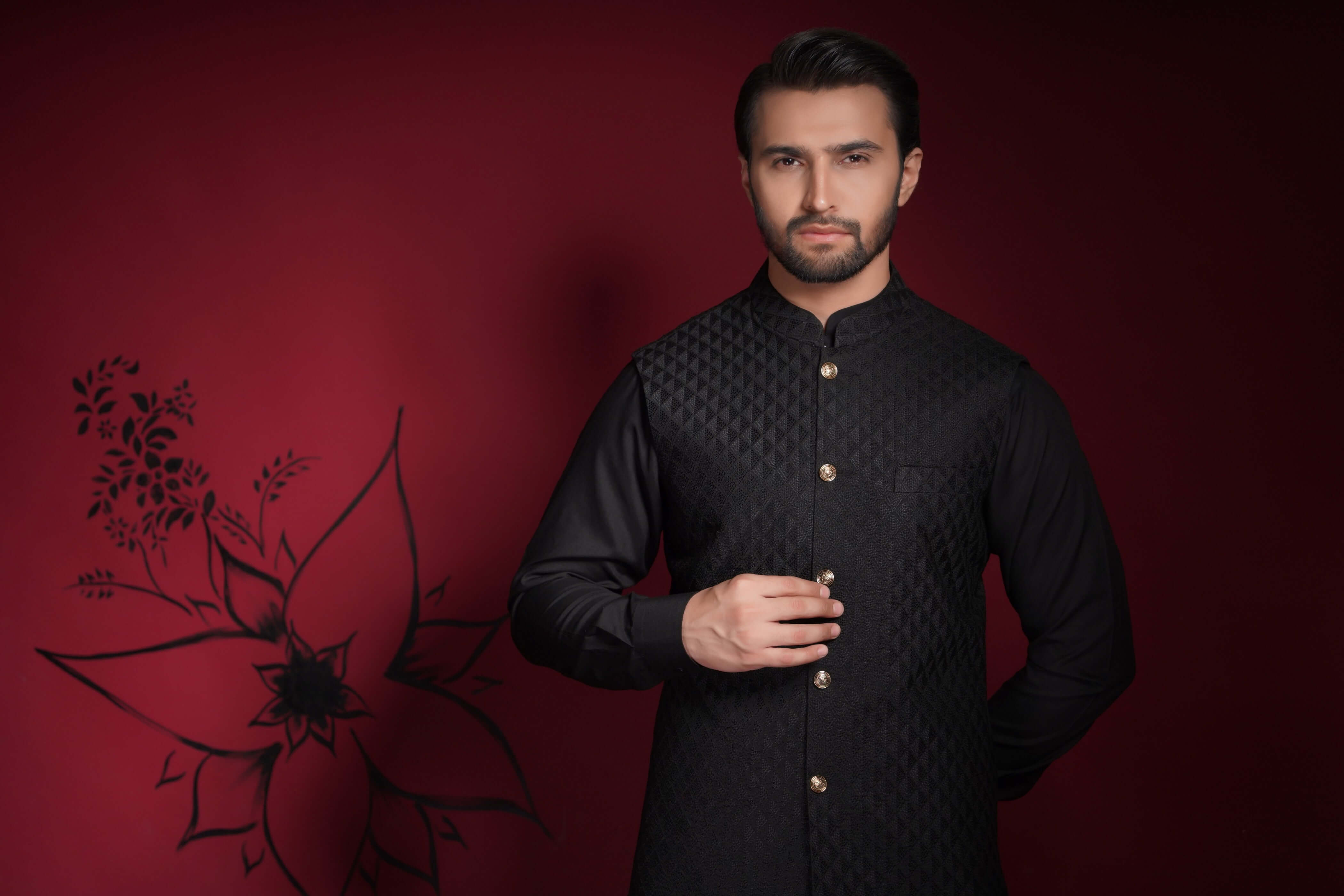 Jet Black Diamond Textured Waistcoat Kurta (3-Piece) - Image 4