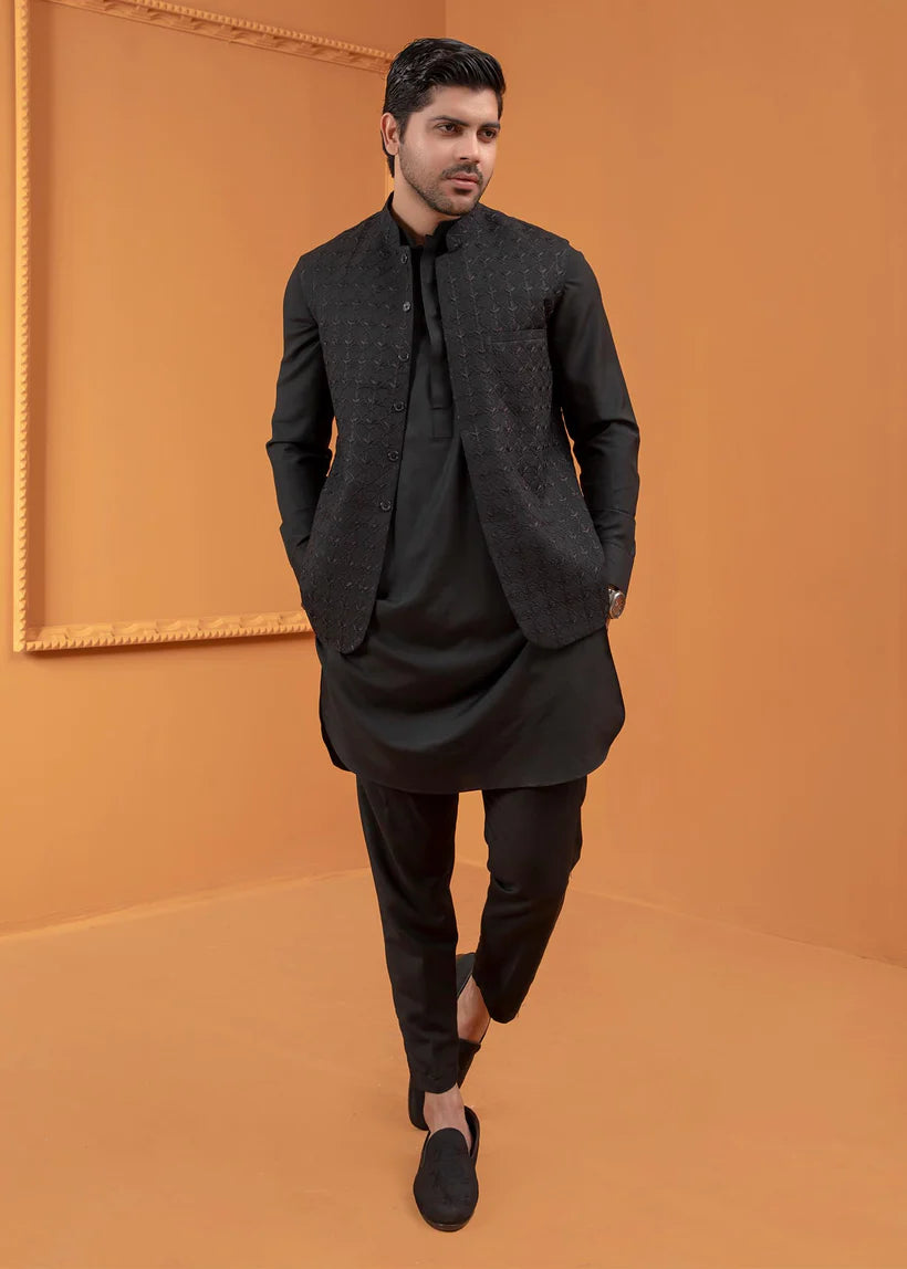 Black Embroidered Wash-and-Wear Waistcoat Kurta (3-Piece) - Image 1