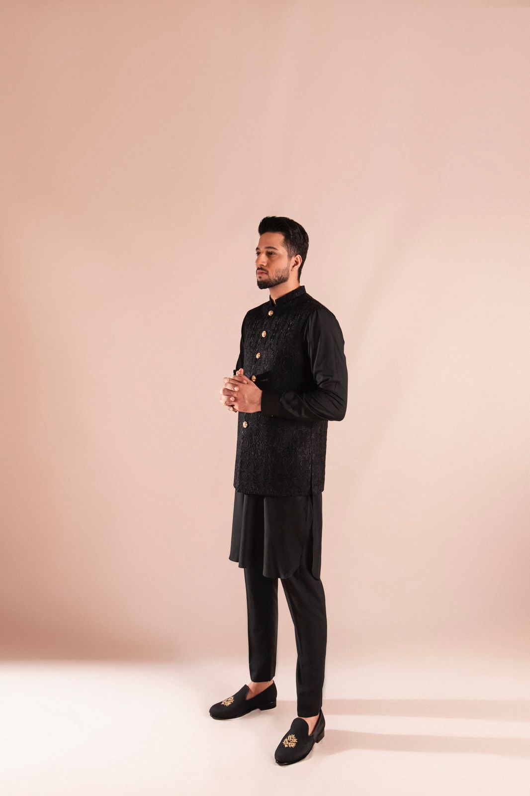 Black Embroidered Wash & Wear Waistcoat Kurta (3-Piece) - Image 3