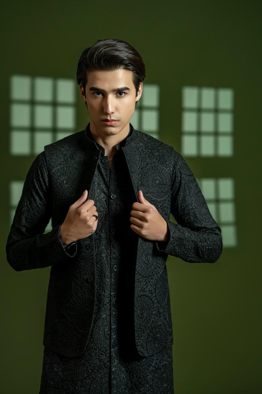 Black Embroidered Wash & Wear Waistcoat Kurta (3-Piece) - Image 1