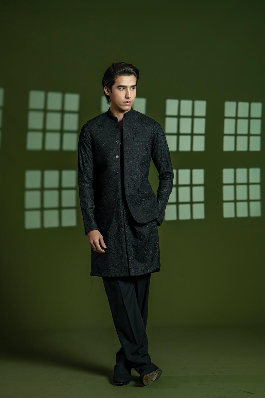 Black Embroidered Wash & Wear Waistcoat Kurta (3-Piece) - Image 4