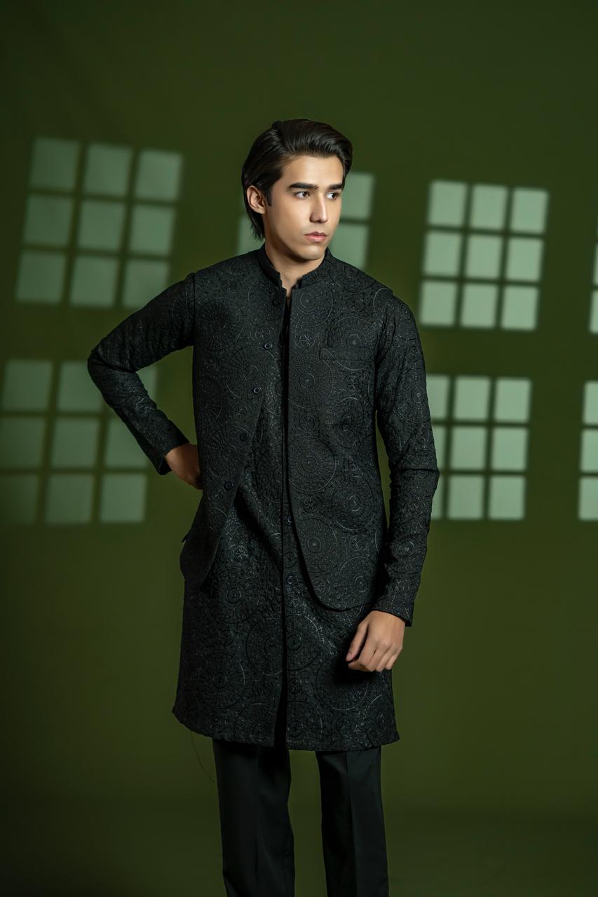 Black Embroidered Wash & Wear Waistcoat Kurta (3-Piece) - Image 5