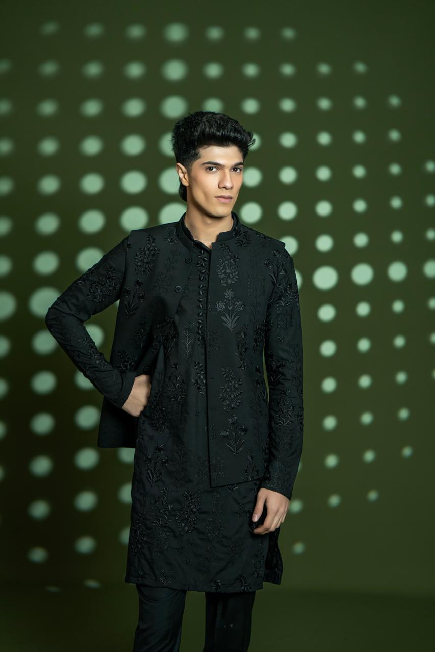 Black Embroidered Wash-and-Wear Kurta with Waistcoat (3-Piece) - Image 2