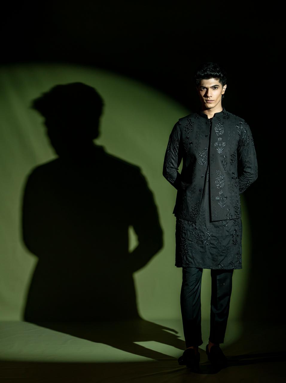 Black Embroidered Wash-and-Wear Kurta with Waistcoat (3-Piece) - Image 6