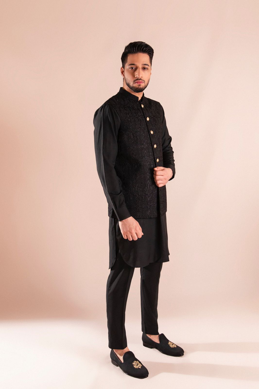 Black Embroidered Wash & Wear Waistcoat Kurta (3-Piece) - Image 1