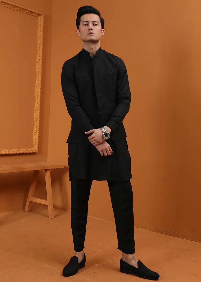 Black Embroidered Wash & Wear Waistcoat Kurta (3-Piece) - Image 1