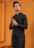 Black Embroidered Wash & Wear Waistcoat Kurta (3-Piece) - Image 4