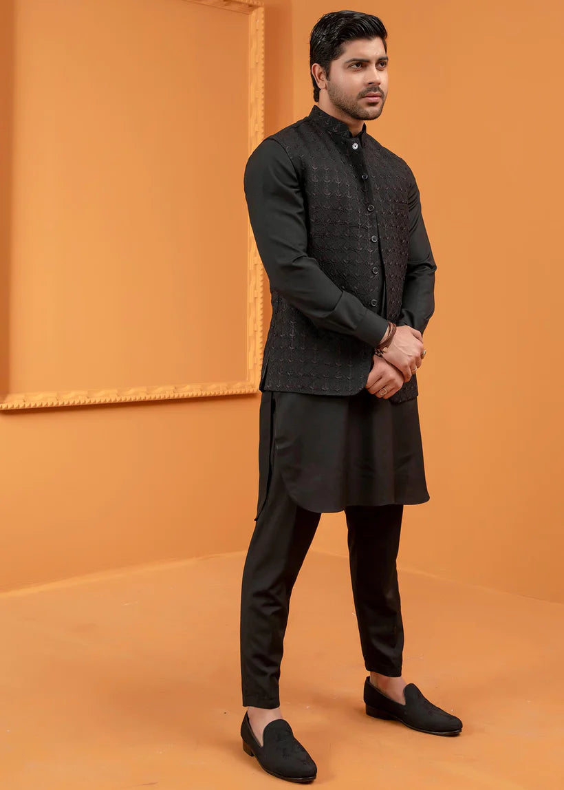 Black Embroidered Wash-&-Wear Waistcoat Kurta (3-Piece) - Image 4