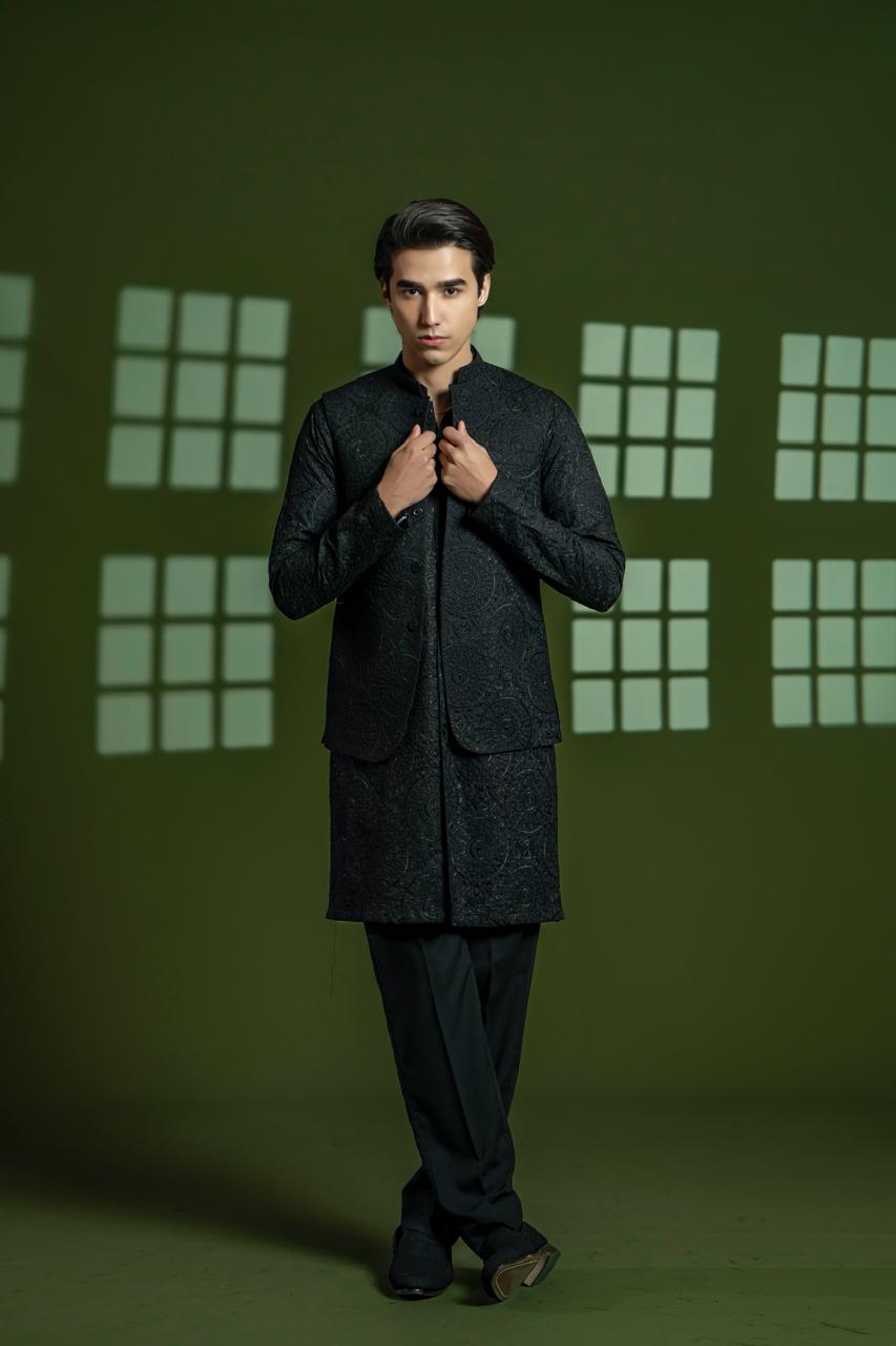 Black Embroidered Wash & Wear Waistcoat Kurta (3-Piece) - Image 2