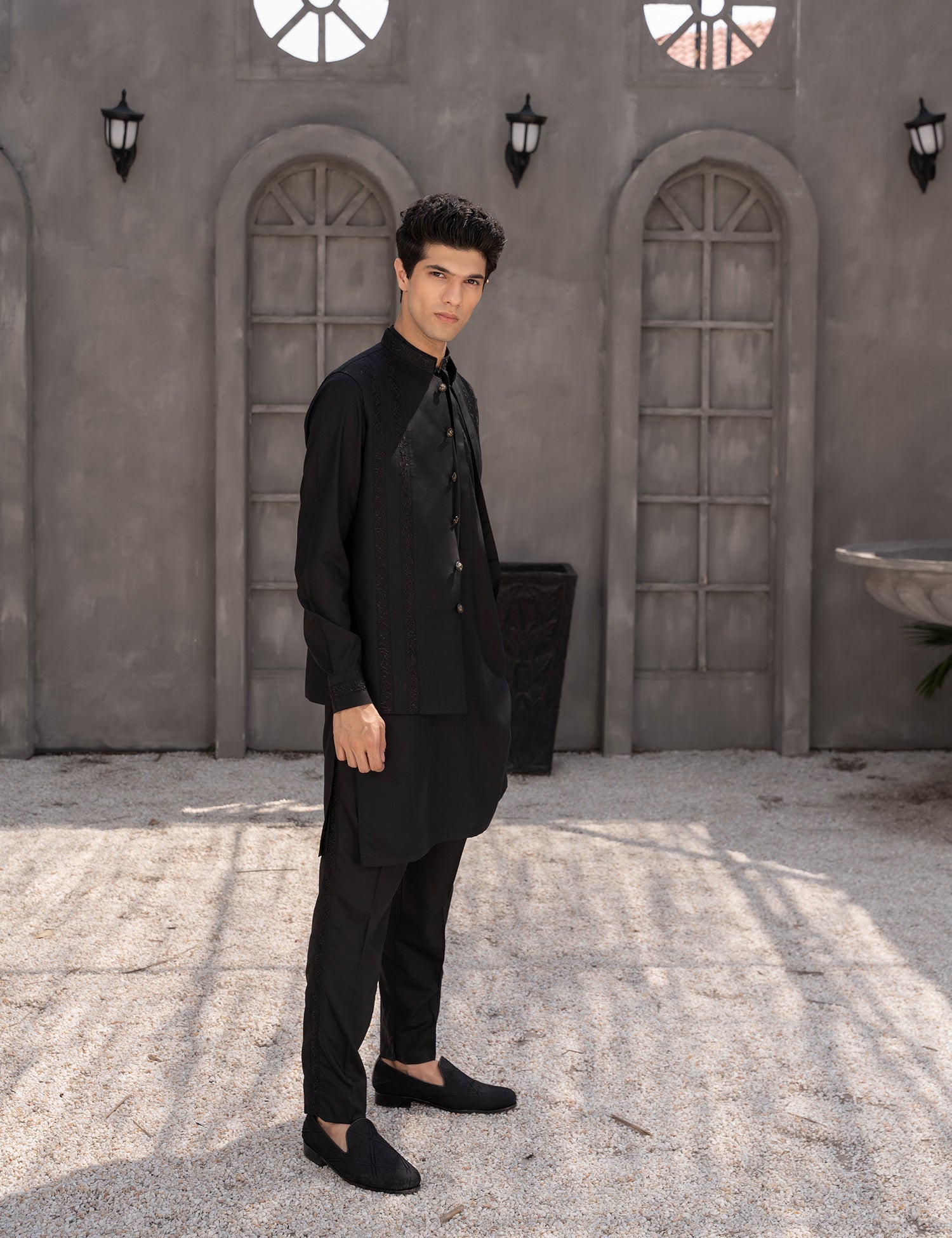 Black Embroidered Wash & Wear Waistcoat Kurta (3-Piece) - Image 3