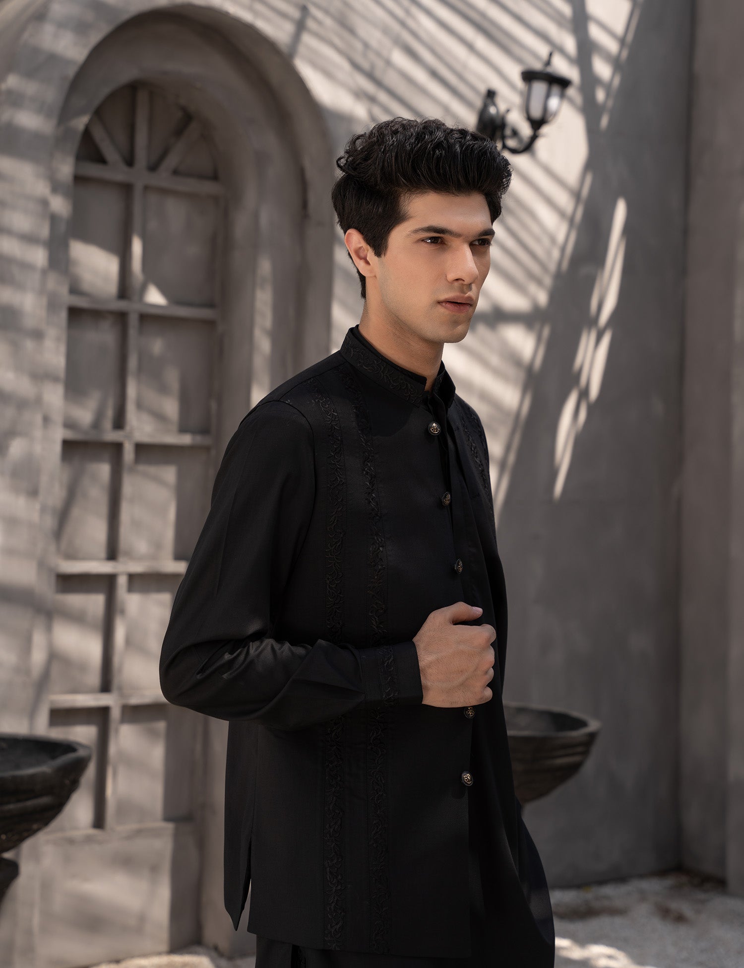 Black Embroidered Wash & Wear Waistcoat Kurta (3-Piece) - Image 5